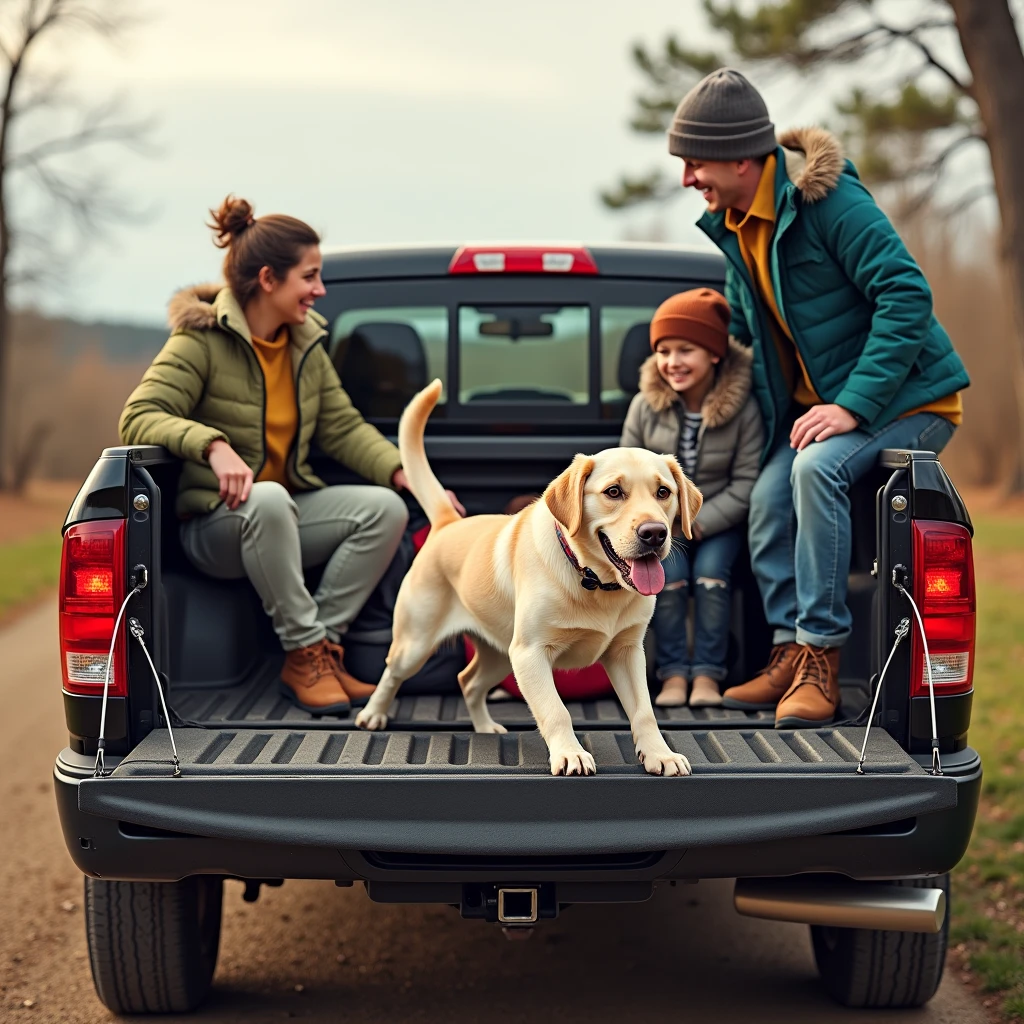 Pregnant woman dressed in moderate clothing with low-rise pants with a pile of bags of girl's clothes a golden retriever at her side as she gets into a year-old range rover and her husband closes the door and her next to her with a soccer uniform and a ball