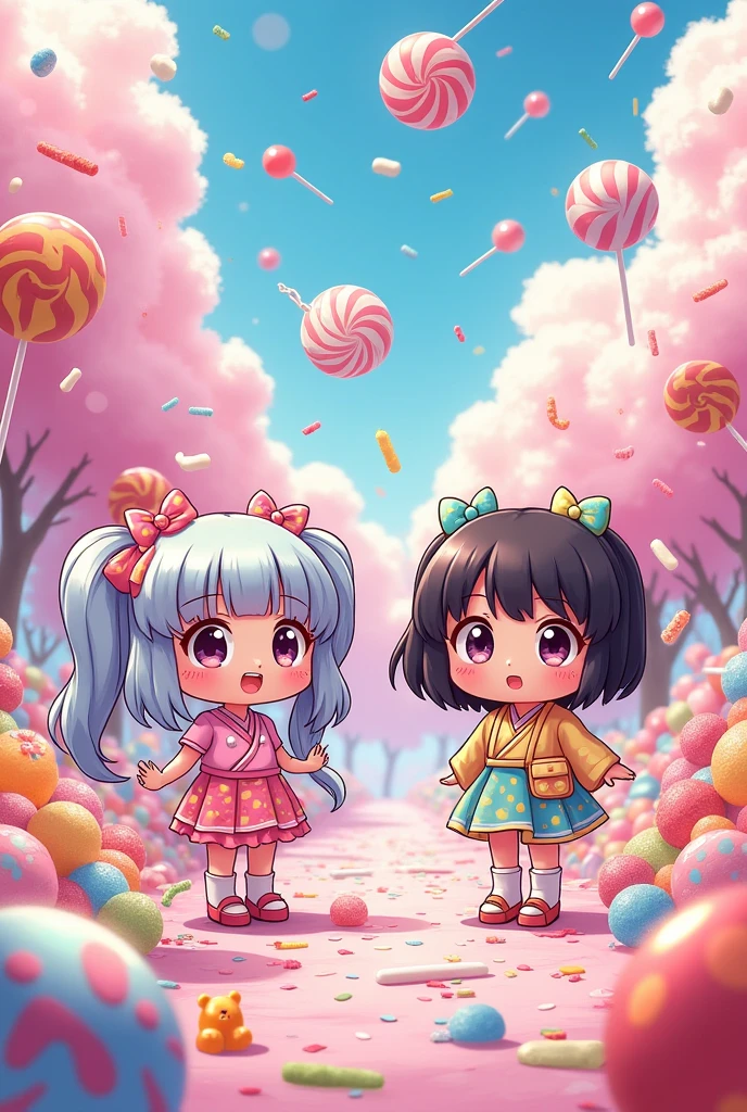 (best quality,4K,8k,highres,​masterpiece:1.2),ultradetailed,(realisti,photorealisti,photo-realisti:1.37), 2 black shih tzu puppies Sanrio-Illustrationsstil, a fantastic magical world, The background of the starry sky,