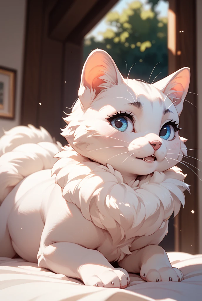 white cat, very cute, walking on 4 legs, full body concept, scarf red, green eyes, a scar in one of his eyes, totally white background, transparent png background scenario