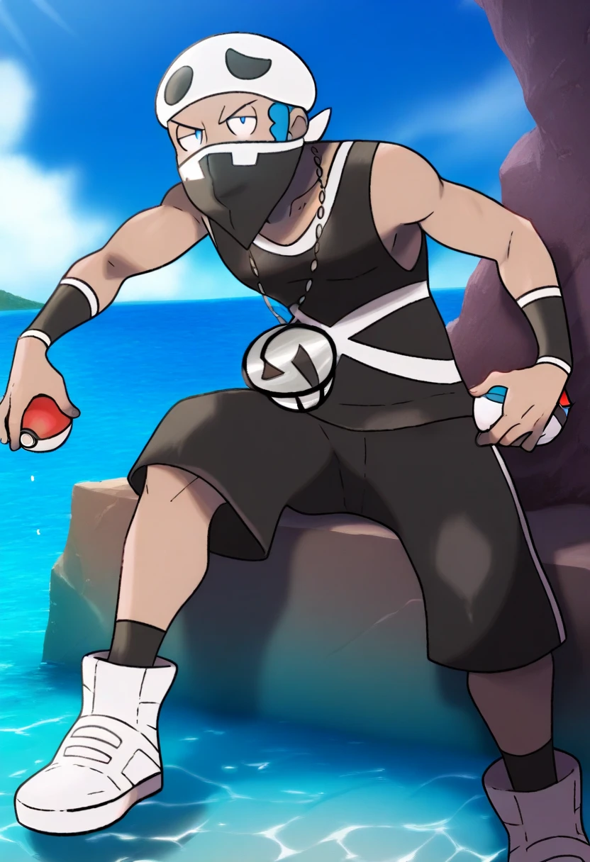  1boy, Team_Skull_Grunt_M, Beanie, Mask, Necklace, Black tank top, Black bottomwear, Sneakers, Forearm jewelry, Black socks, Blue Eyes, looking at you, ocean, blue sky,, partially submerged, holding poke ball \(basic\),