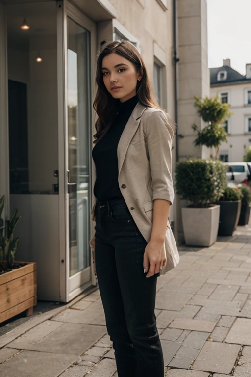 a woman standing in front of a store, offwhite, paris hotel style, wearing a black blazer, photo taken in 2018, big sunglasses, blurry, rothko, networking, in front of a two story house, professional profile photo, fancy restaurant, leaning on door, f 2 2, ny, boho