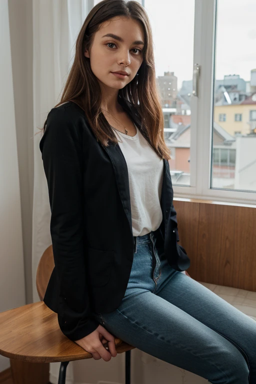 realistic woman, (aegyo sal: 1), 18 years old girl, (gray blazer, ribbon, short folded miniskirt, stockings, private school uniform: 1.2), high school classroom, beautiful detail in the eyes, (eye size: 3 /4) light on the face, ((full shot photo)), especially strong back side light, (upper eyes, smiling smile: 1.2), shiny skin, (((black hair, bob hair: 1.2))), ( beautiful thighs), ulzzang-6500-v1.1: 0.2, bashful, (flash: 1.2), NSFW, ((seductive posture: 1.2, attractiveness: 1.2)), (idle), (sitting at a desk in the classroom: 1.2)), ((good anatomy: 1.2)), ((bright and refreshing classroom, blurred background: 1.2)), perfect face, cute and symmetrical face, (High Angle Shot: 1.2)s.,((RAW photos, superior quality, masterpieces), High Definition RAW color photos professional close-up photos, (realistic, photorealism: 1.37), (highest quality), (best shadows), (best illustrations), ((erotic, sexy, ultra-high -resolution, HD Unified CG Wallpapers, Physical representation, movie lighting), Canon EOS R50 camera 50mm lens