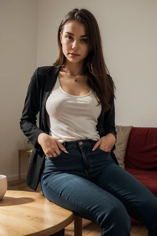 Femme marocaine cheveux pose longue pour appareil photo mannequin port veste et jean noir et un talon haut yeux bien defini