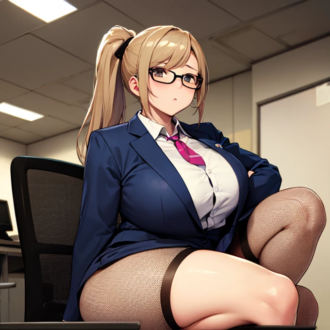 blonde hair, pink eyes, big lips, wearing pink lip gloss, long hair, collared shirt, hourglass figure, (narrow waist), thick thighs, window, business office, penthouse view, defined stomach, cubicle, light smirk, sitting, seductive pose, simple background, cleavage, leather skirt, micro skirt, detailed face and eyes, foot up, mid stomp, high heels, midshot, hair ribbon, hair clips, tweed blazer, from below, stomping
