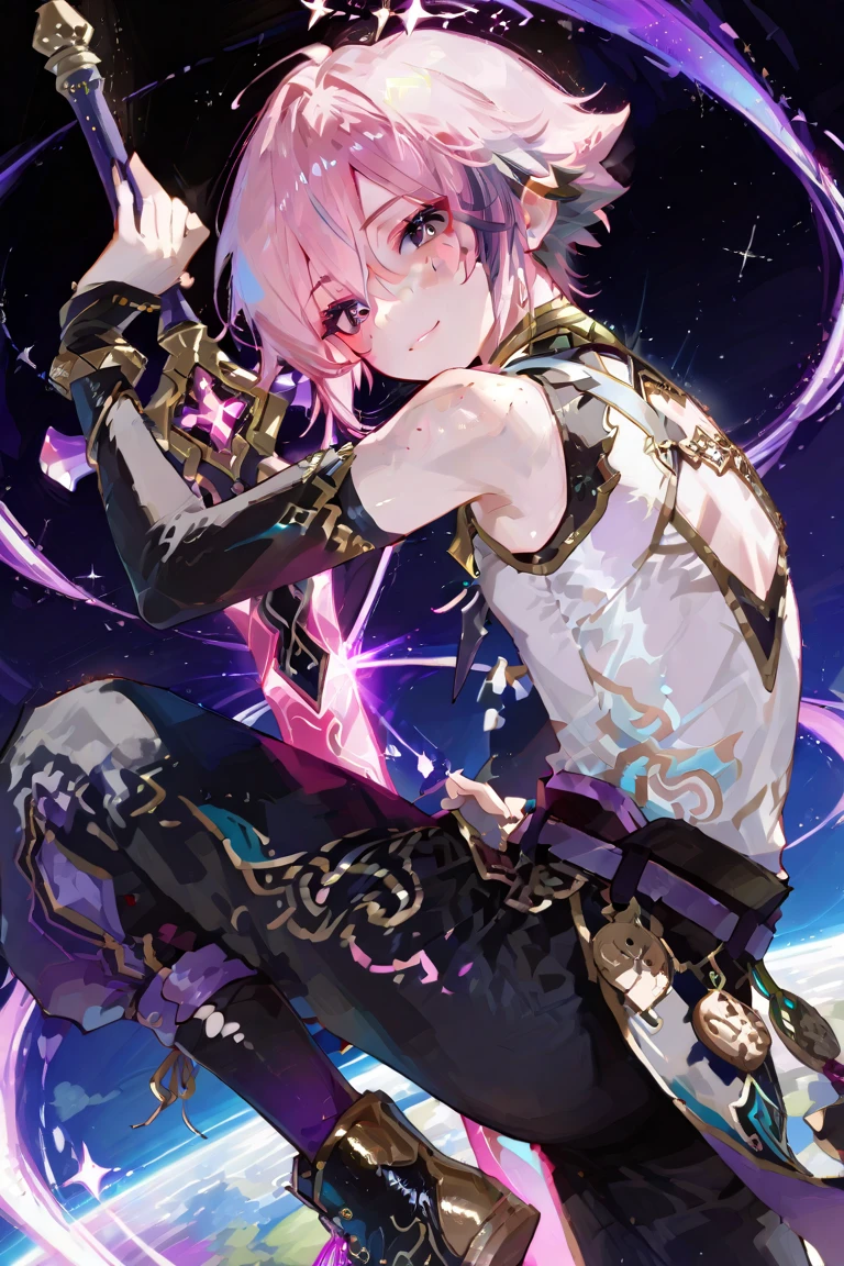 cheerful boy aristocrat open forehead. dark purple hair braided in a ponytail on the left side to one side. sinuous black horns wrapped in dark purple ribbon. pale violet eyes. in short dark purple shorts. long white T-shirt. dark purple knee-high socks. a white long robe with a hood flutters in the wind. black ancient stone walls of the castle purple light from lamps with gold ornaments, heterochromia, long curly hair, pale skin, I look at the viewer, closed mouth, bright smile, Beautiful, extremely detailed eye, Absolutely amazing art, extremely detailed, Digital art of the highest quality, full length, old piano, ancient walls of a stone castle