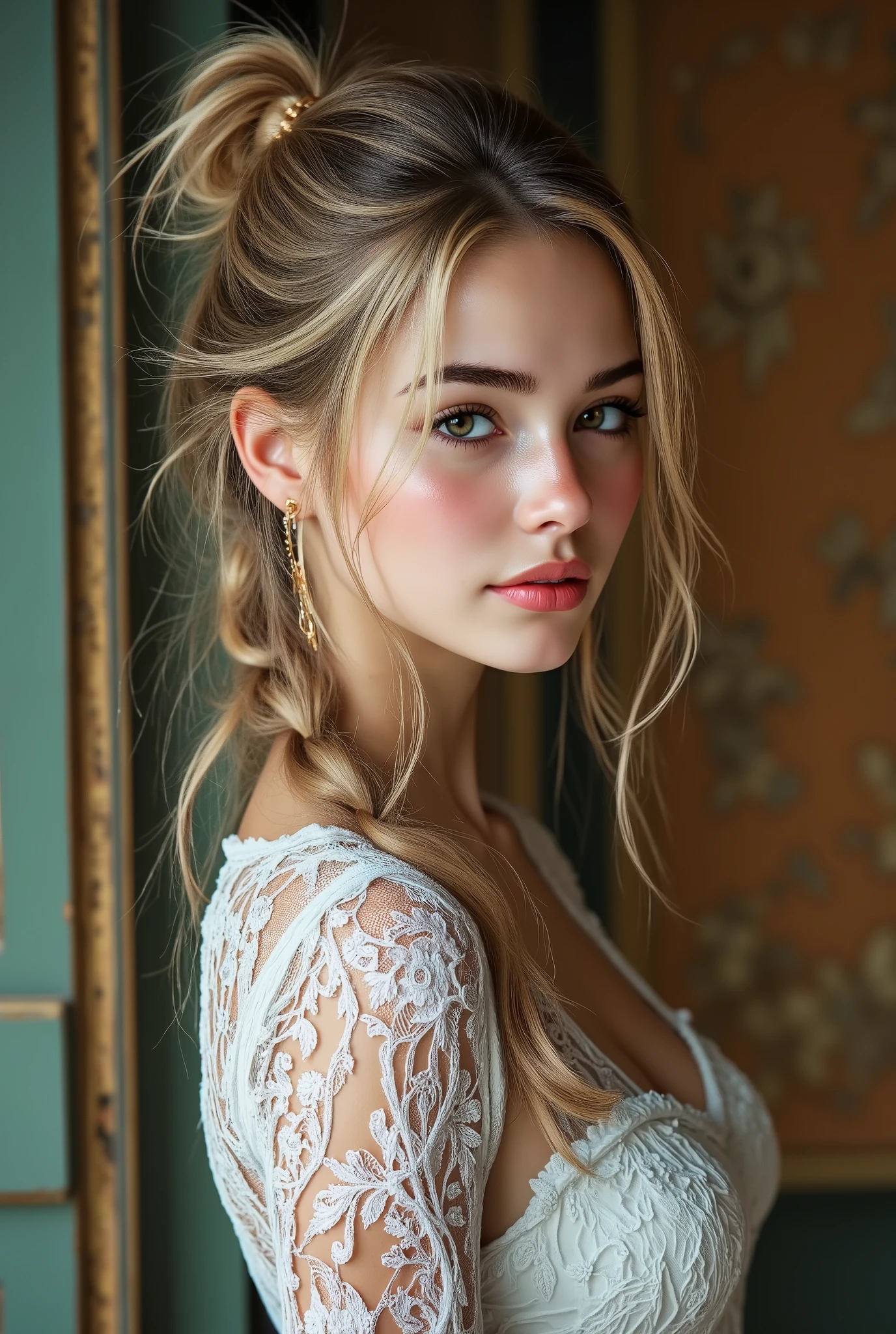  [Style: - "8k, masterpiece, realistic, photorealistic realism, hyper high resolution" - "highest quality, intricate, ultra-detailed digital art, (ultra_detailed, UHD:1.2)"] (Key Directive: - "The priority is the anatomical accuracy and texture of the materials" - "Ultra-sharp human eyes with biological accuracy") {Character: "((full body shot:1.3)), [beautiful girl , perfect female skinny body], full bodyesbian, ((Beautiful long legs in good style:1. 3)) aaverage butt: "(firm, protruding buttocks)", (perfect hot model body:1 . 4) , (slim belly: 1 . 2) , (muscular body) , ((firm and full breasts:1.4))]" | Face: "full lips, pink lipstick, intense gaze" | Eyes: - "((sharp focus, no blurry eyes, Hyper absurd quality, Hyper details, Hyper realistic brown eyes:1.3))" - "((extra narrow eyebrows))" - "(Carefully draw Long blue_mascara:1.2)" - "(perfect round eyes)" full bodyesbian, High Contrast,((no Pantieposing thighs)) ["(plated skirt (wraps around the hips:1.35) (Red-black latex:1.25) , (white lace: 1.3) , (gold laeed:1.2)"], long legs ((white, eye-catching, high heels:1.35)), ((Cleo Garter Thigh Highs Fishnet Stockings)), ((long legs)) , ((Long Messy orange Pony with Braid , {"((turning back , back shot:1.4))"} , ((Intricately detailed multi-layer lace corset):1.3), ((green and orange background)), (Rendering engine: "Unreal Engine 5 path tracing, 16K texture maps") | The ultra-Highres,Unreal 5,Subsurface scattering,PBR Texturing,Post-Processing,Anisotropic Filtering,depth of fields,Maximum Sharpness and Sharpness,multi-layered texture,Albedo and Specular maps,Surface Shading,Precise simulation of light-material interactions,perfectly proportions,Octane rendering,Two-tone illumination, Wide Aperture, low ISO, white balance, The rule of thirds