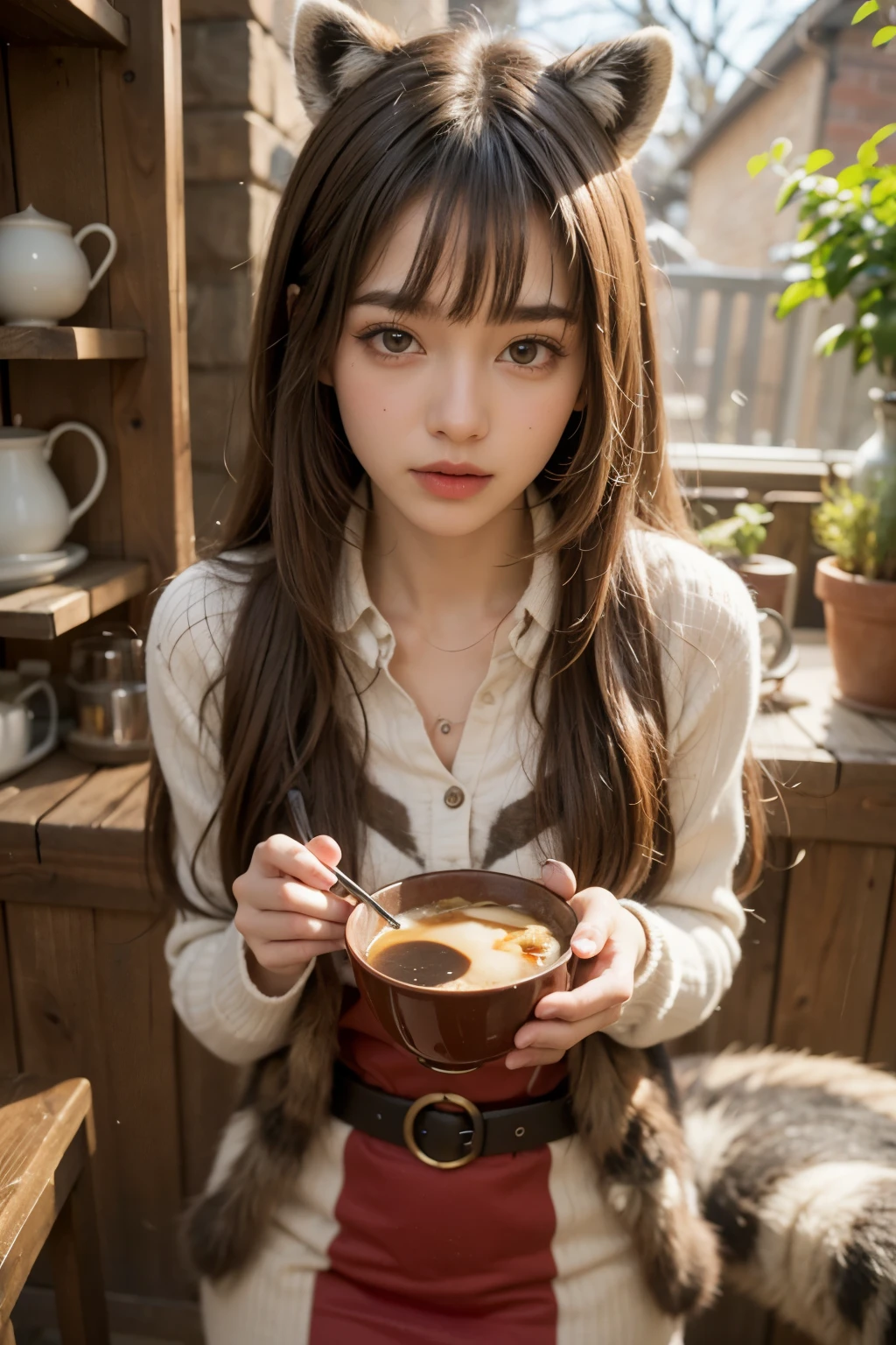 A beautiful little girl with long hair,Sit at the tea table,Tea tasting