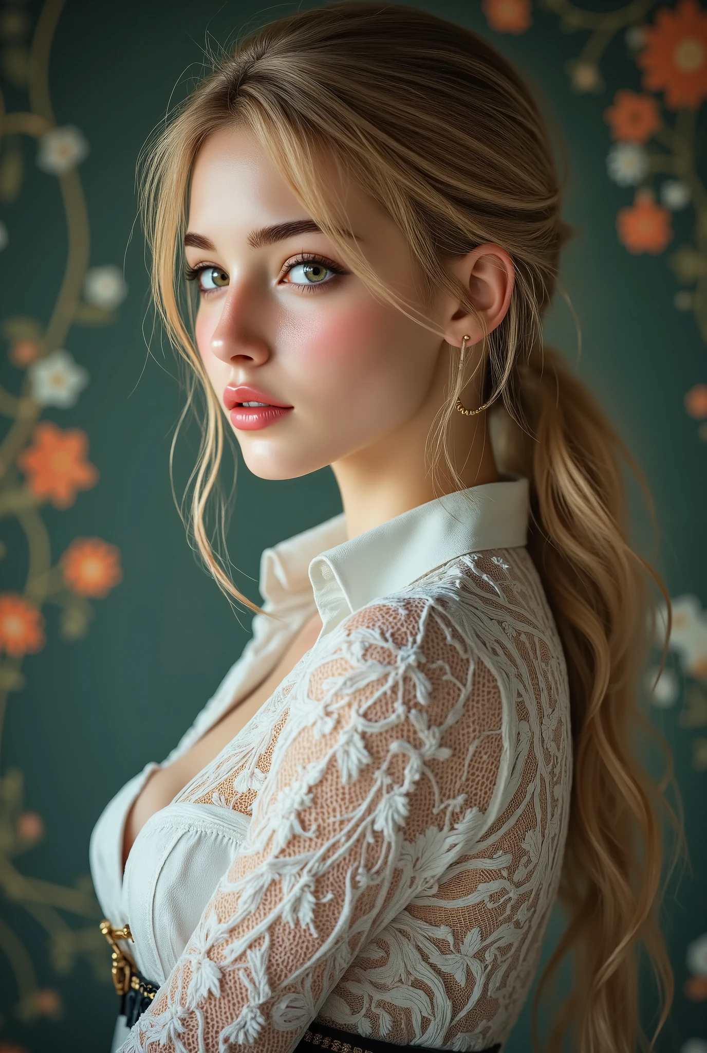  [Style: - "8k, masterpiece, realistic, photorealistic realism, hyper high resolution" - "highest quality, intricate, ultra-detailed digital art, (ultra_detailed, UHD:1.2)"] (Key Directive: - "The priority is the anatomical accuracy and texture of the materials" - "Ultra-sharp human eyes with biological accuracy") {Character: "((full body shot:1.3)), [beautiful girl , perfect female skinny body], full bodyesbian, ((Beautiful long legs in good style:1. 3)) aaverage butt: "(firm, protruding buttocks)", (perfect hot model body:1 . 4) , (slim belly: 1 . 2) , (muscular body) , ((firm and full breasts:1.4))]" | Face: "full lips, pink lipstick, intense gaze" | Eyes: - "((sharp focus, no blurry eyes, Hyper absurd quality, Hyper details, Hyper realistic brown eyes:1.3))" - "((extra narrow eyebrows))" - "(Carefully draw Long blue_mascara:1.2)" - "(perfect round eyes)" full bodyesbian, High Contrast,((no Pantieposing thighs)) ["(plated skirt (wraps around the hips:1.35) (Red-black latex:1.25) , (white lace: 1.3) , (gold laeed:1.2)"], long legs ((white, eye-catching, high heels:1.35)), ((Cleo Garter Thigh Highs Fishnet Stockings)), ((long legs)) , ((Long Messy orange Pony with Braid , {"((turning back , back shot:1.4))"} , ((Intricately detailed multi-layer lace corset):1.3), ((green and orange background)), (Rendering engine: "Unreal Engine 5 path tracing, 16K texture maps") | The ultra-Highres,Unreal 5,Subsurface scattering,PBR Texturing,Post-Processing,Anisotropic Filtering,depth of fields,Maximum Sharpness and Sharpness,multi-layered texture,Albedo and Specular maps,Surface Shading,Precise simulation of light-material interactions,perfectly proportions,Octane rendering,Two-tone illumination, Wide Aperture, low ISO, white balance, The rule of thirds