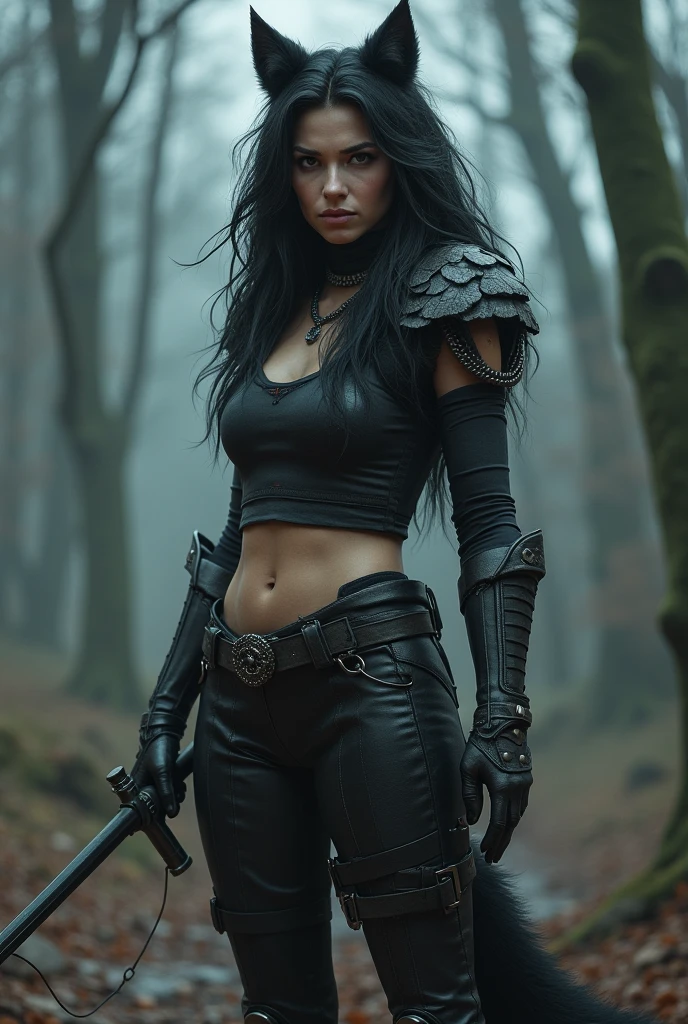 Full body post apocalyptic movie poster in DC studio style Beautiful cyberpunk warrior girl in black metal studded leather armor, leather pant, thigh-high black leather boots, black very long wavy hair, black eyes, red lips, realistic skin texture, photo quality, winter scary forest, snowfall, fog, wind