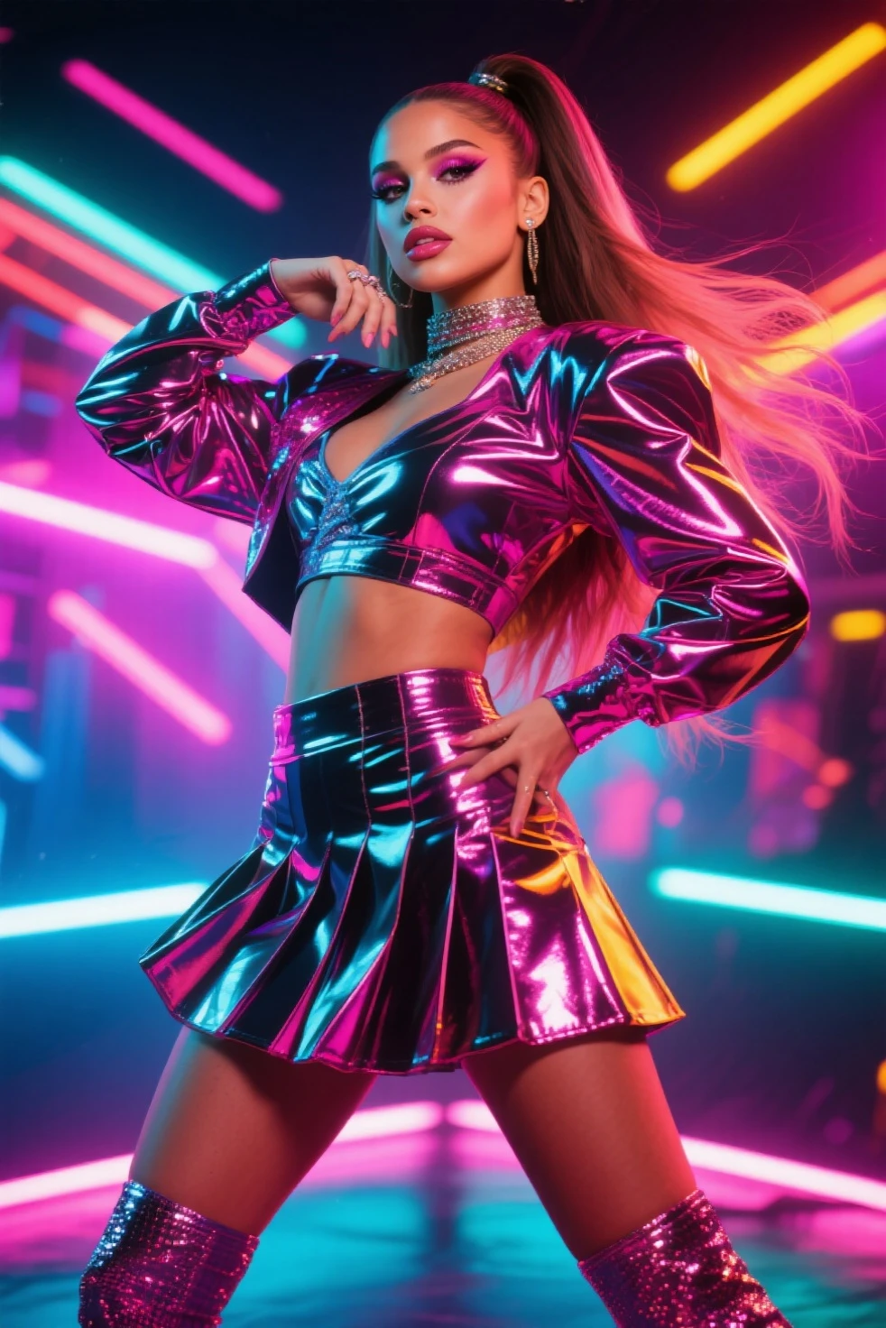 A young woman with hot pink braids and gold accessories, wearing a neon pink dress with holographic details, golden headphones with crystals, dancing against a backdrop full of bright musical notes and soft lights, with glitter bracelets and gold platform sandals, bold and sophisticated style, 8k. She is looking straight ahead with a slight smile.