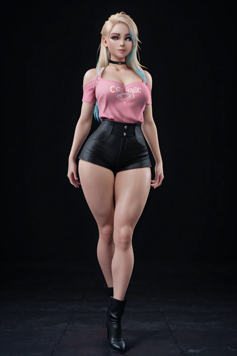 1girl, teenager, solo, (Inigo blue two-tone hair, waist length very very long straighthair: 1.15), shy face, (Huge breasts:1.1)(half lidded eyes: 1.21), necklace, clear perfect skin, jewelry, realistic, medium breasts, simple background, looking away, (tight black shirt, choker, ripped shirt, short shorts, thigh high stockings, plad sneakers: 1.11), masterpiece, best quality,3d rending work ,3DMM style, close-up, portrait, 3D,(((full body))) , (((sexy pose, model pose, standing pose)))