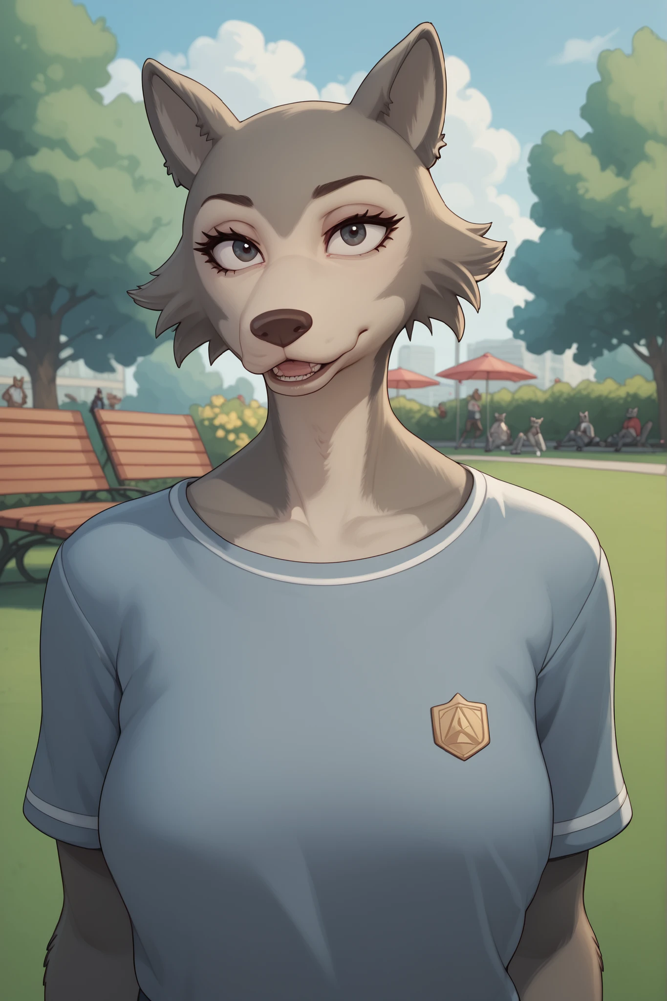 Park, guy and girl, looks at the viewer, Anthropomorphic wolf girl, Anthropomorphic guy Wolf , grey fur, brown fur,