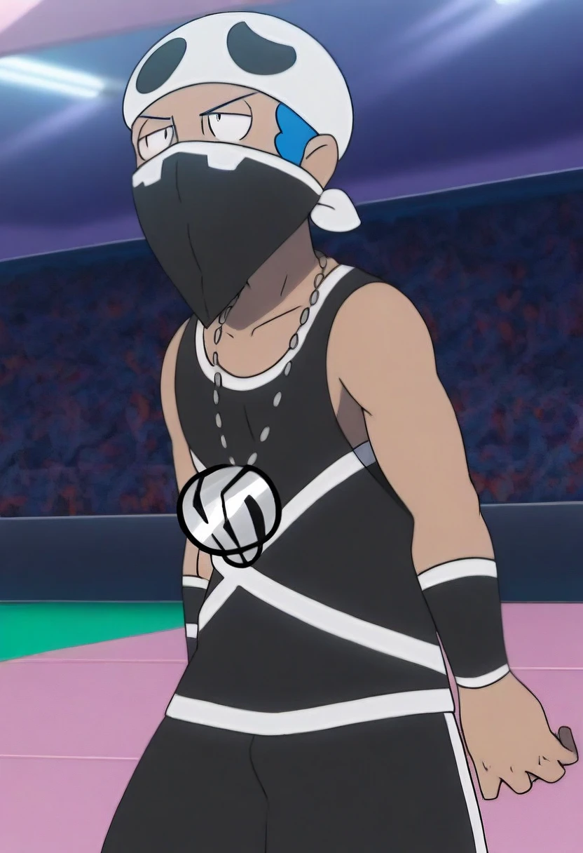  1boy, Team_Skull_Grunt_M, Beanie, Mask, Necklace, Black tank top, Black bottomwear, 