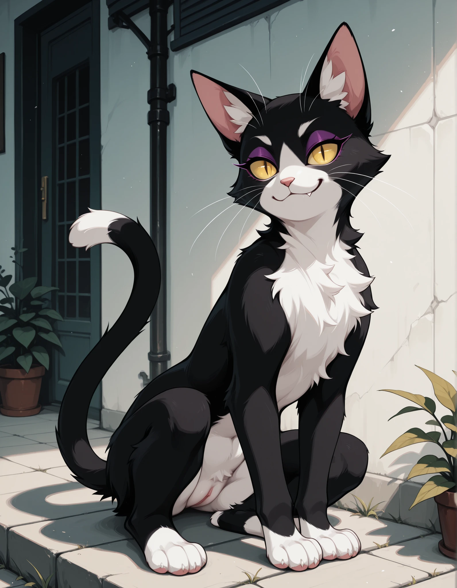 (score_9, score_8_up), score_7_up, score_6_up, best quality, highest quality, (feral), cat, furry, anthro, sitting, solo, official style, animal, (body fur), white fur, black fur white belly, eyelashes, eyeliner, side view animal ears, slit pupils, expressive eyes, beautiful eyes, smirk, fang, yellow eyes, thin tail, paws, uncensored, detailed background, pussy
