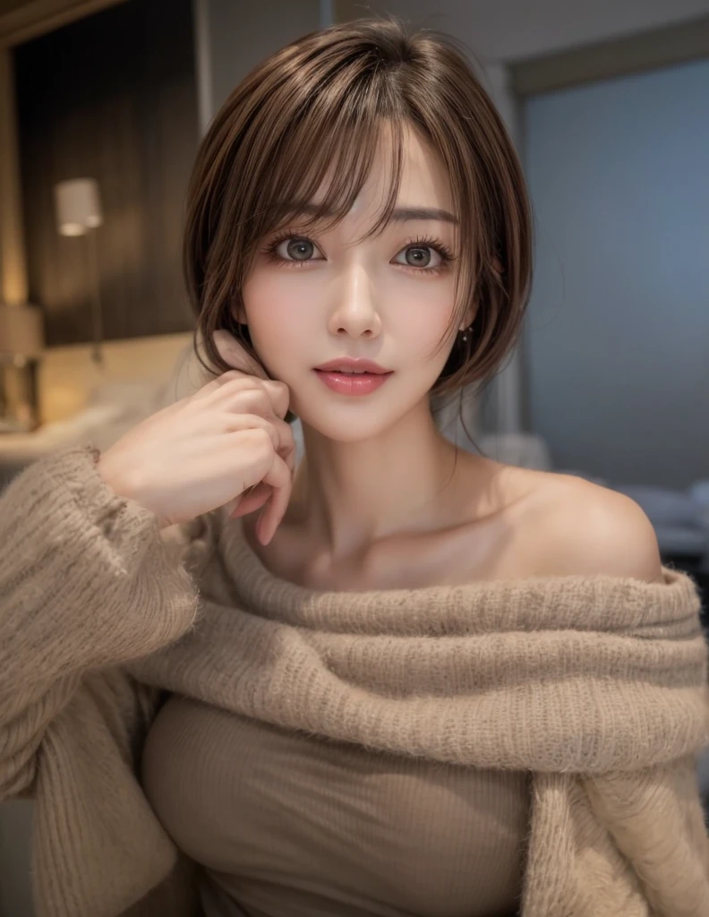 Photorealsitic、masuter piece、top-quality、hight resolution、Raw photo、realisitic、Bright lighting、face lights、Smooth professional lighting、Women in Japan、Beautuful Women、modeled、gravure、A sexy、Super beautiful、Realistic and beautiful skin、Beautiful and detailed eyes、A detailed face、slim、medium large breasts、short medium hair、brunette color hair、Brown eyes、is looking at the camera、knitted sweater、Christmas
