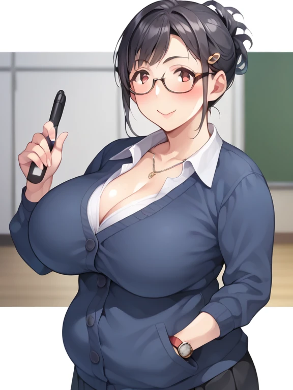 (masterpiece, best quality, ultra-detailed, high resolution, detailed eyes), takeda hiromitsu style, (1mature female), voluptuous body, huge breasts, teacher, slant eyes, annoyed, looking away, black hair up, glasses, navy business suit, pencil skirt, standing, teaching class in front of blackboard, embarrassed, love juice