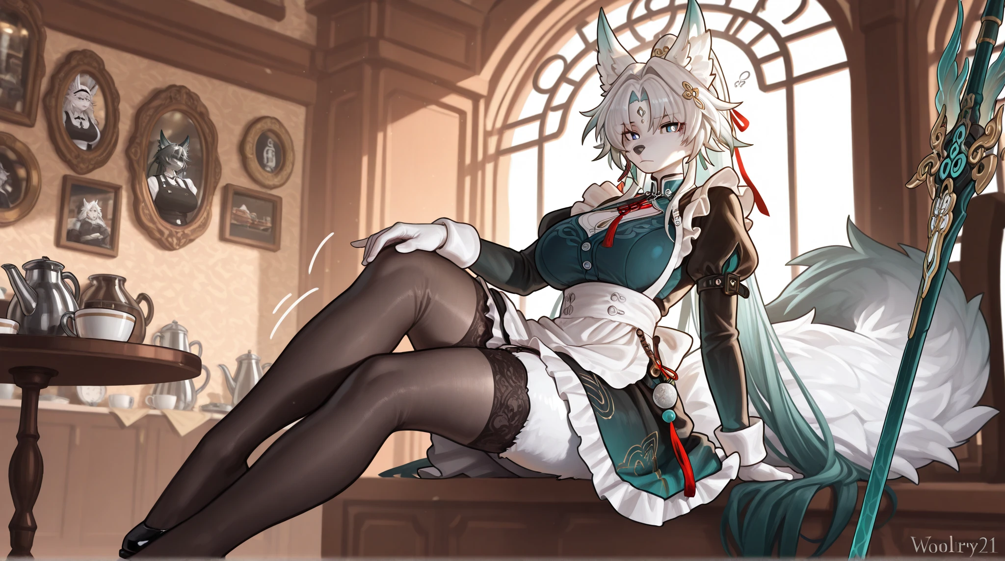 Masterpiece, best quality, highest quality, perfect face, beautiful girl, giantess, anime giantess, lynette, genshin impact, giantess lynette, silver hair, perky breasts, viewed from below, low angle, purple eyes, white and black outfit, giantess, indoors, inside, looking down at viewer, smug, leaning towards viewer, bulging breasts, lynette genshin impact, giantess, anime giantess, hot, sexy, beautiful girl, leotard, camel toe, indoors, inside, leaning down, large breasts, bulging chest, cat tail, cat ears, blank expression, blush, large turquoise bow, low ponytail, flushed, lustful, neutral expression, kuudere, giantess, sensual