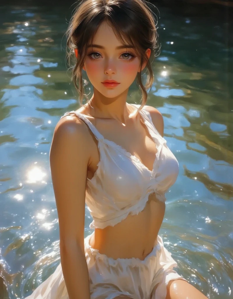 ( absurd , high quality , super detailed, handle carefully with hands )Zodiac - Cancer Goddess , Similar to Latin goodness , intellectual, Crafty, Reasonable, Strong-willed face , mature , tenacious, Moody, irritable, oppressive style , ocean blue eyes(eye details), long hair , Dark pink hair , transparent dress , lace lingerie, In the sea of flowers , whole body , innocent makeup look ,