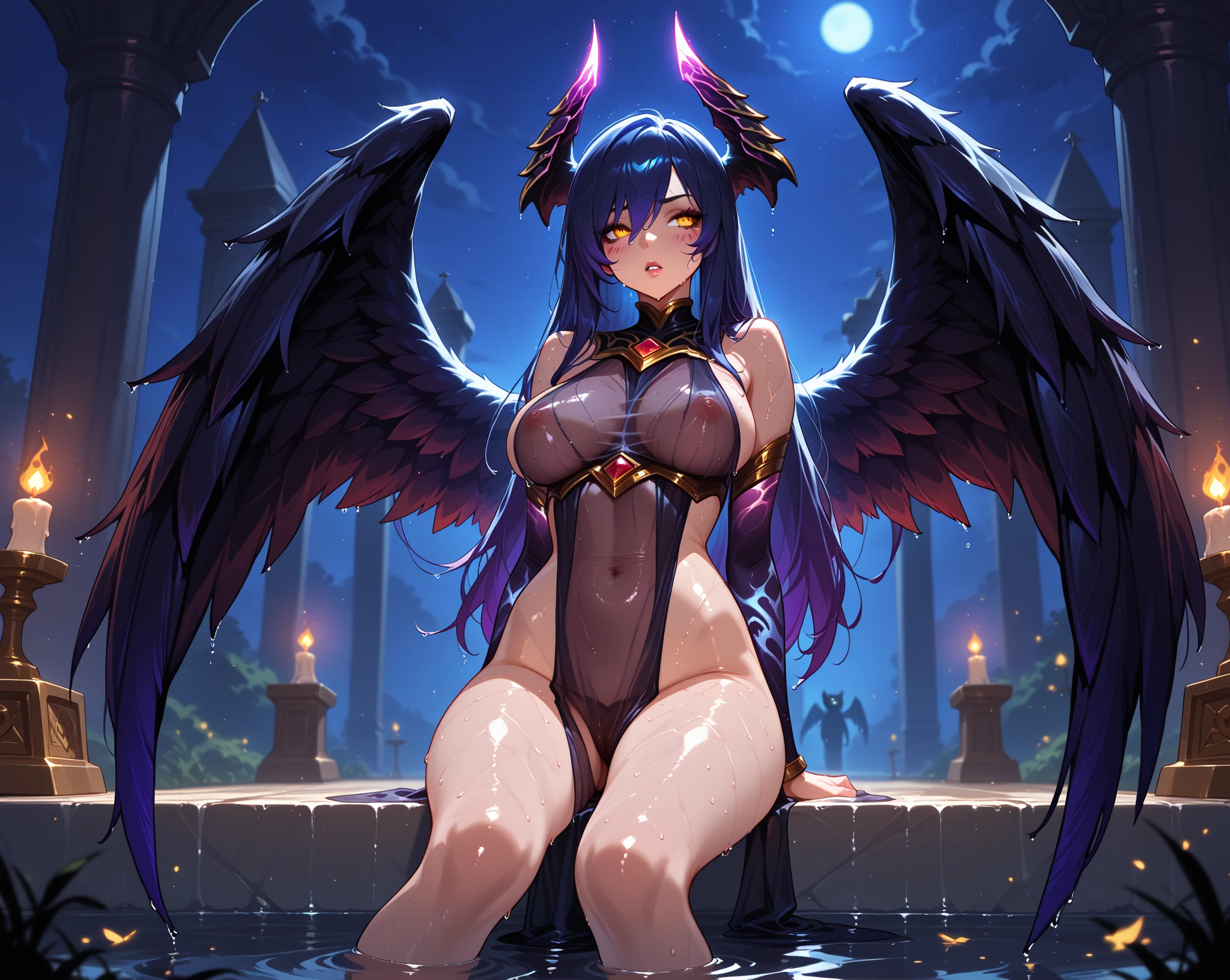 Purple Skin Very big breasts Upper body naked horn Devil young girl Bat Wings Glare Constraints Wear pants only front Open your legs