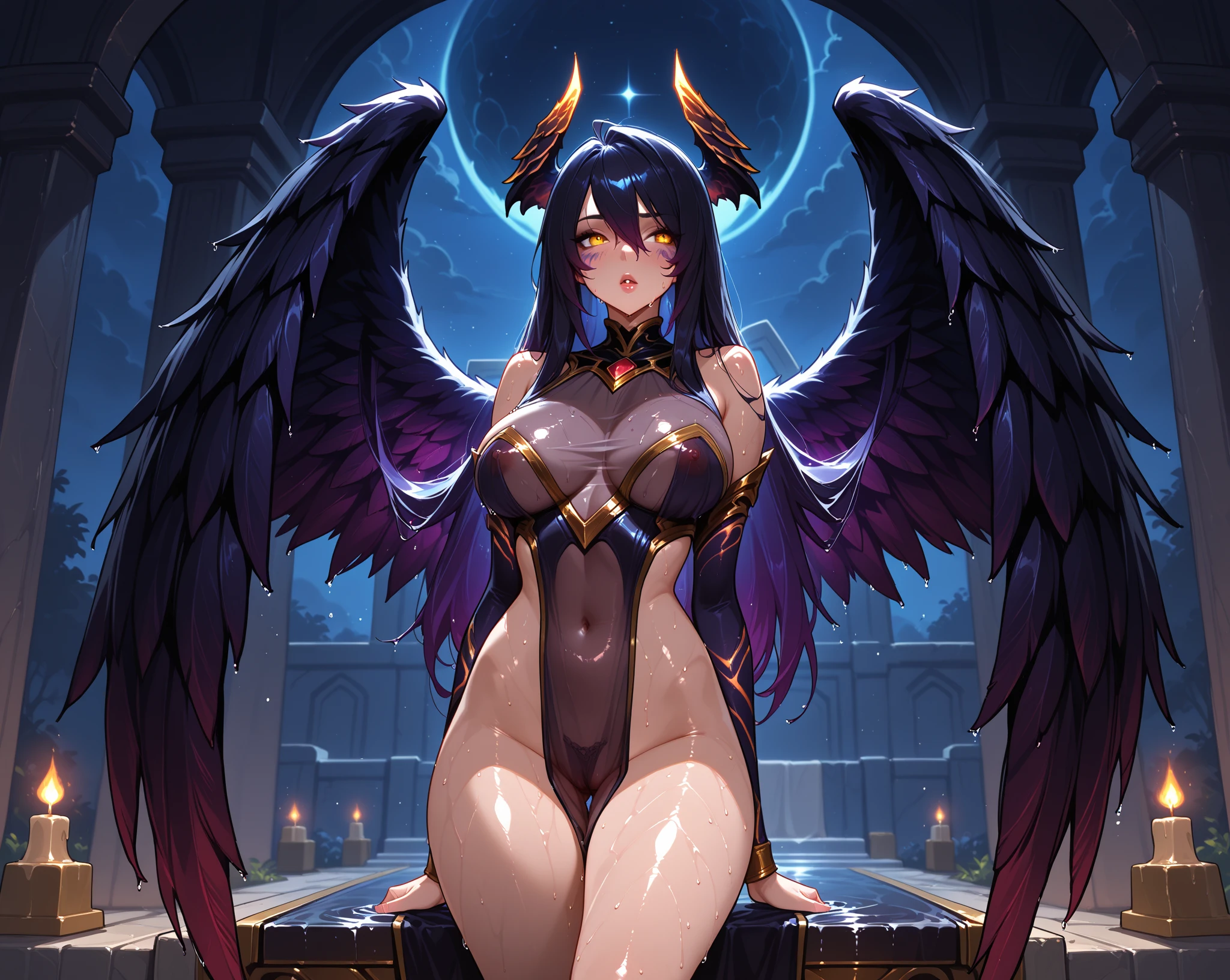 cure slave(magical girl, blue eye, purple hair, long straight hair, dark purple dress, gold vertical line in black coat, orgasm), black wings, halo, legs up, super mode