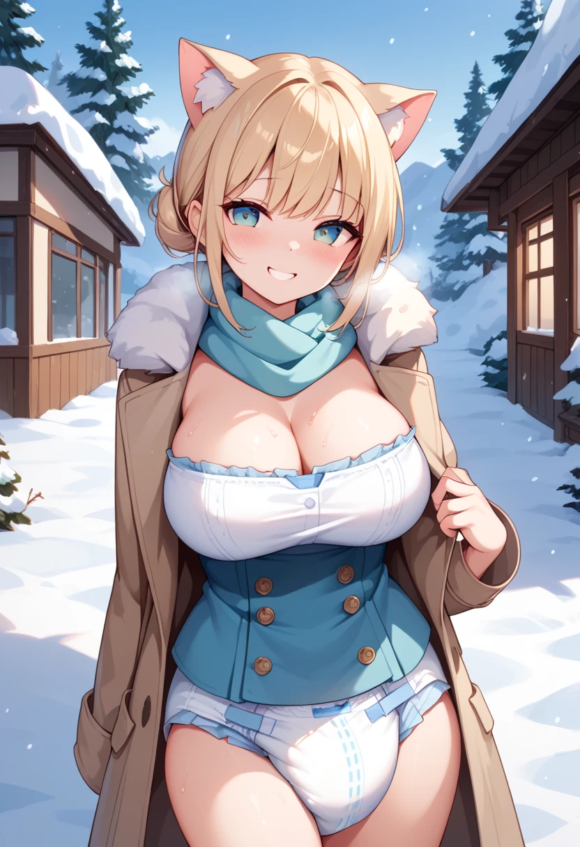 nsfw:1.6, Top quality, masterpiece, ultra high resolution, , (top quality, high resolution, 4K, detailed lighting, shaders, perfect anatomy, perfect proportions), eye of the beholder, (masterpiece, top quality) (top quality, 4K, 8K, high resolution, masterpiece: 1.2), highly detailed, (masterpiece: 1.3, top quality, ultra high resolution, ultra detailed), (top quality: 1.2), perfect eyes, perfect face, perfect lighting, (top quality, 4K, 8K, high resolution, masterpiece: 1.2), highly detailed, (top quality, 4K, 8K, high resolution, masterpiece: 1.5), highly detailed, masterpiece, top quality, ultra detailed, top quality, high resolution, 32K CG, very delicate and beautiful, illustration, high resolution, sharp focus, front lighting, glow, girl 1 person, solo, smiling, very beautiful and detailed anime face, very detailed eyes, ((masterpiece)), ((best quality)), (super detailed), ((cute)), cute, ((very detailed)), 4K, (8K), best quality, (best quality, 8K, 32k, masterpiece, super high resolution, very detailed, impressionistic:1.2), blurred background, (((two arms))) , (((two foot))), (((four fingers and 1 thumb))), Best quality , ((only one naval)),
Female. (((Blonde hair))). ((((Topless)))). (((( and nipplesvered)))). (((White fluffy shorts))). ((Hair in a bun)). ((Dark skin: 1.3)). ((Bangs swept to the side, exposing her forehead)). ((Beautiful blue-green eyes)). Deep-set pupils. Red lips. (((Big breasts)))sts. Well-shaped breaall pink nipples. A swaist. Perfect propo (((Pretty face))). Slender body. Well-proportioned body. (((I love my breasts.))). (((Pale pink checked scarf))). ((earrings))). (((Large white knit cap))). (((Fluffy white gloves))). (((White snow boots))). ((Snowy mountain in the middle of winter)). (((Breathtaking view))).