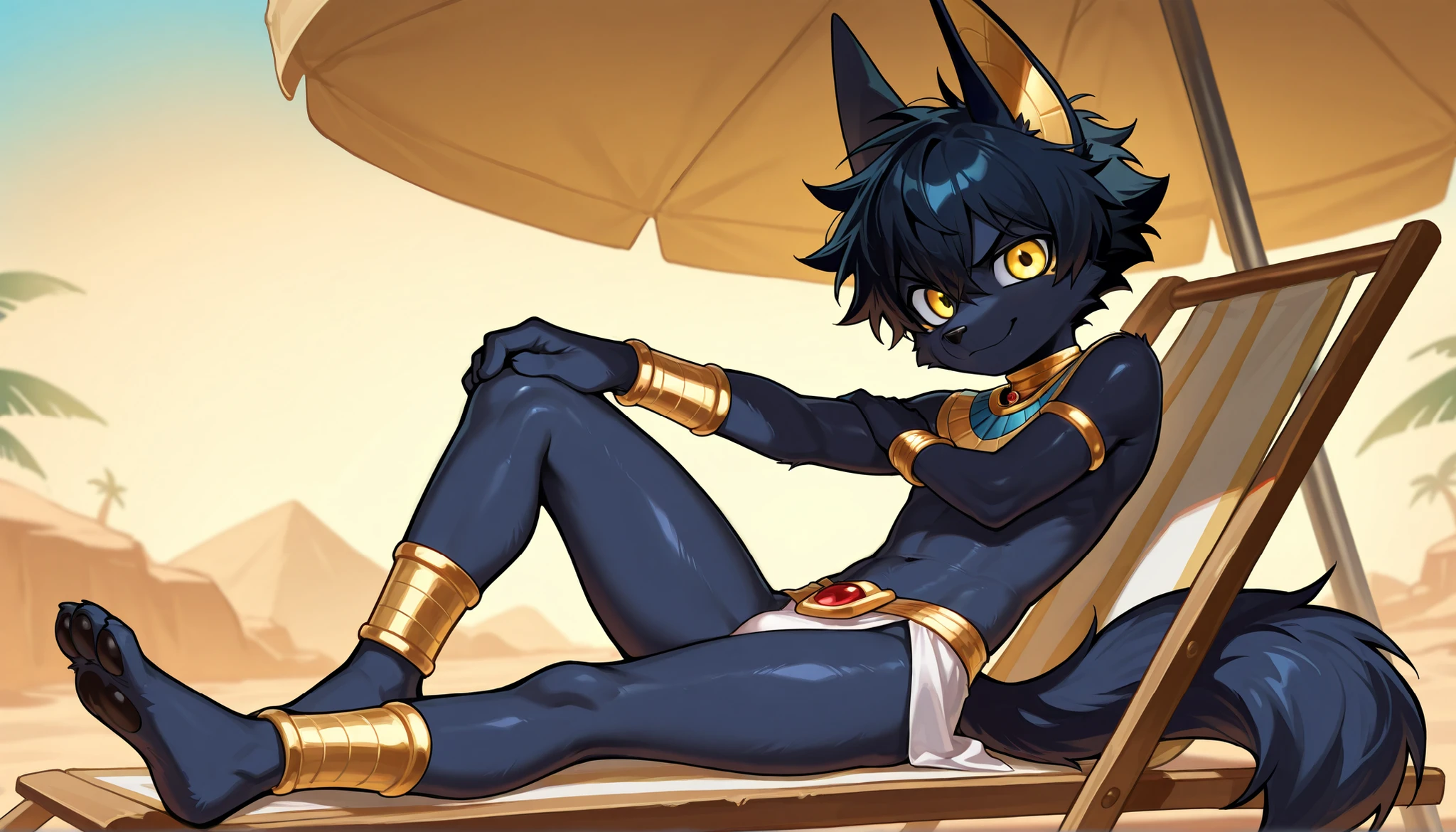 Furry shota, young, jackal, black spiky hair, orange eyes, detailed body fur, egypcian small loincloth, egyptian adorns, masterpiece, looking at you, fangs, black body fur, detailed face, big eyebrows, detailed eyes, detailed body, no muscle, desert, piramid, egypt, clear sky, detailed hands, flat body, glistering body, shiny body, skinny, high quality, paws whit three toes, full body, sassy face, :3,
