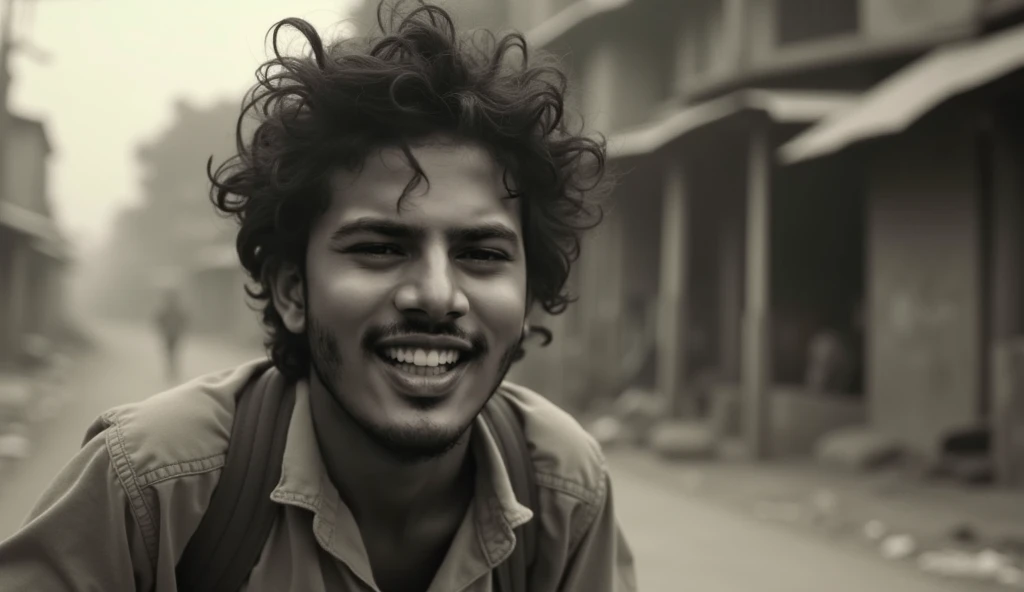Medium close-up, photorealistic, young Zahir (Young - 1971) running, turning his head to meet Rahat's gaze, a wide, almost defiant laugh on his face despite the surrounding danger, eyes reflecting an unbreakable hope and bond, cinematic, subtle motion blur, realistic, 1971 Bangladesh. Color Palette: 1971 Palette (Black and white, gritty, desaturated, high contrast, earthy tones). Lens: Standard lens (e.g., 50mm) matching the previous shot for the interaction.
Keywords: medium close-up, young Zahir, running, smiling, laughing, hope, bond, cinematic, realistic, 1971, Bangladesh.