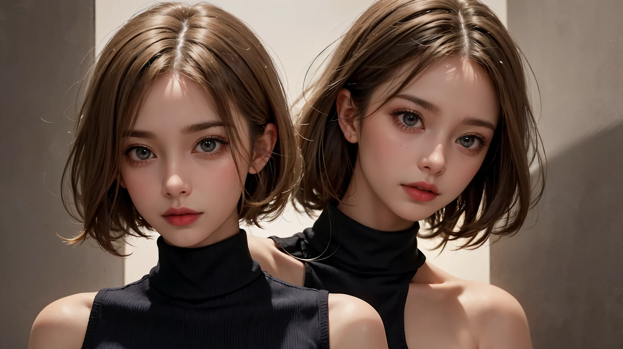 (Masterpiece, best quality, photorealistic : 1.2), long photo shot, 1 gorgeous young short-haired pretty girl, bowl bob haircut, slim body shape, cleavage, lip gloss, delicate beautiful face, worry face expression, wearing white t-shirt, outdoor, full body pose