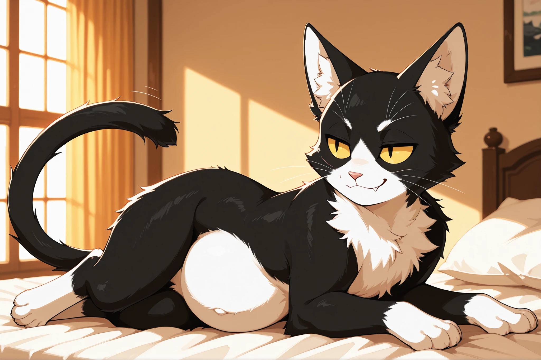 (score_9, score_8_up), score_7_up, score_6_up, best quality, highest quality, (feral:1.2), cat, furry, anthro, sitting, solo, official style, animal, (body fur), white fur, black fur white belly, side view animal ears, expressive eyes, beautiful eyes, smirk, fang, yellow eyes, thin tail, paws, uncensored, detailed background, inner ear fluff, laying sideways on bed, (pregnant:0.7)