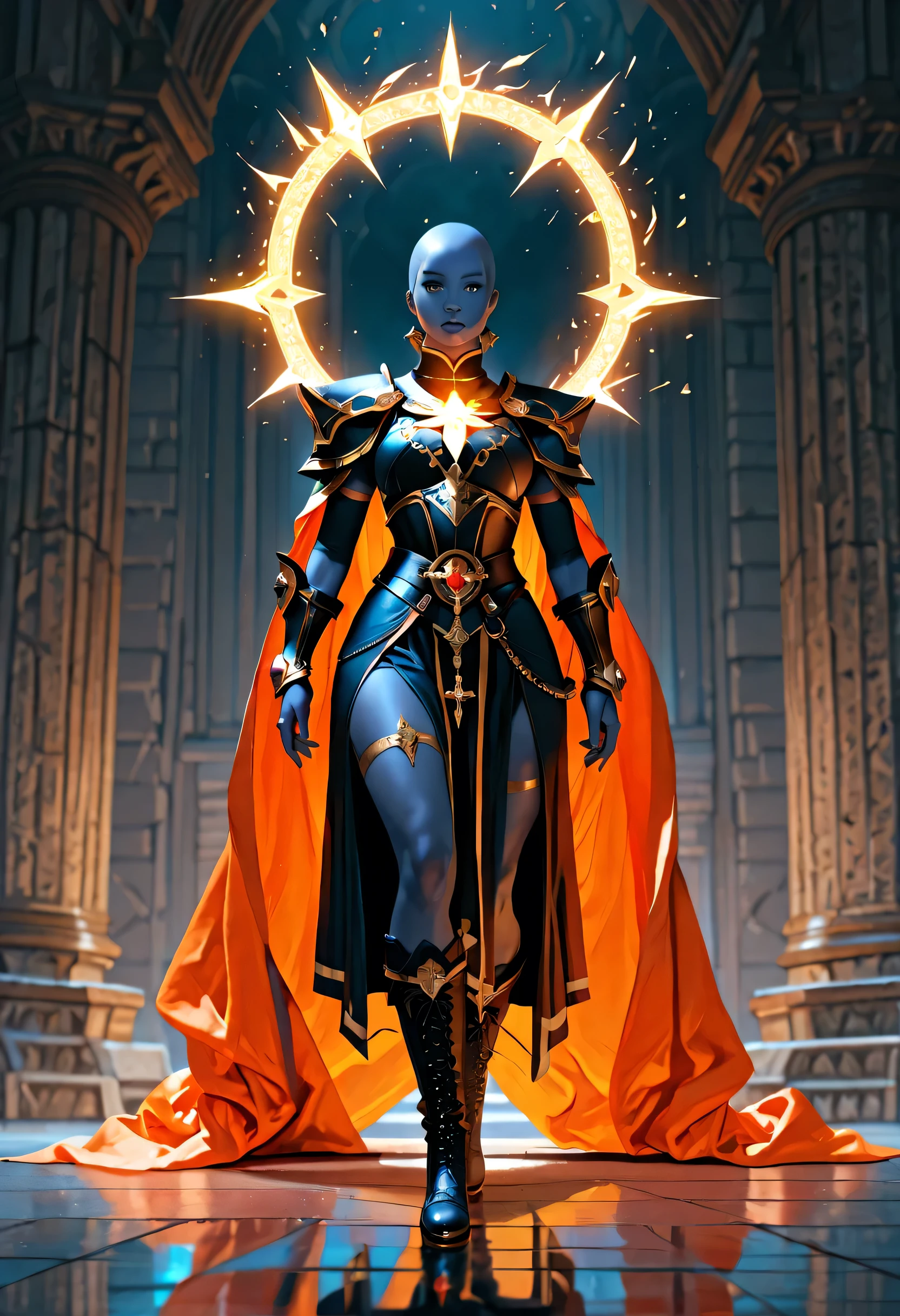 Picture of a vedalken female cleric ((dark blue skin: 1.5)), intense details facial details, exquisite beauty, cleric, (dark blue skin: 1.5)) female, ((bald)), (((no ears: 1.5))), (green eyes: 1.3), armed with a radiant sword, wearing (twilight priestly combat vestments: 1.5), wearing white armor, wearing high heeled laced boots, wearing white armor, wearing an (orange cloak:1.3), wearing glowing holy symbol, fantasy art, dnd art, RPG art, wide shot, (masterpiece: 1.4) intense details, highly detailed, photorealistic, best quality, highres, within fantasy temple background, reflection light, high details, best quality, 16k, [ultra detailed], masterpiece, best quality, (extremely detailed), close up, ultra wide shot, photorealistic, RAW, fantasy art, dnd art, fantasy art, realistic art,((best quality)), ((masterpiece)), (detailed), perfect face, fantasy,  Aesthetic_PDXL, fantasy
