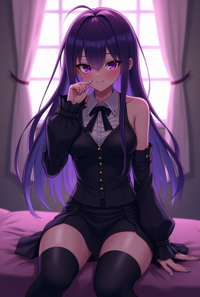 ((Best quality)), anime girl with purple hair and purple eyes posing in a room, seductive anime girl, gapmoe yandere grimdark, gapmoe yandere, demon anime girl, misato katsuragi, badass anime 8 k