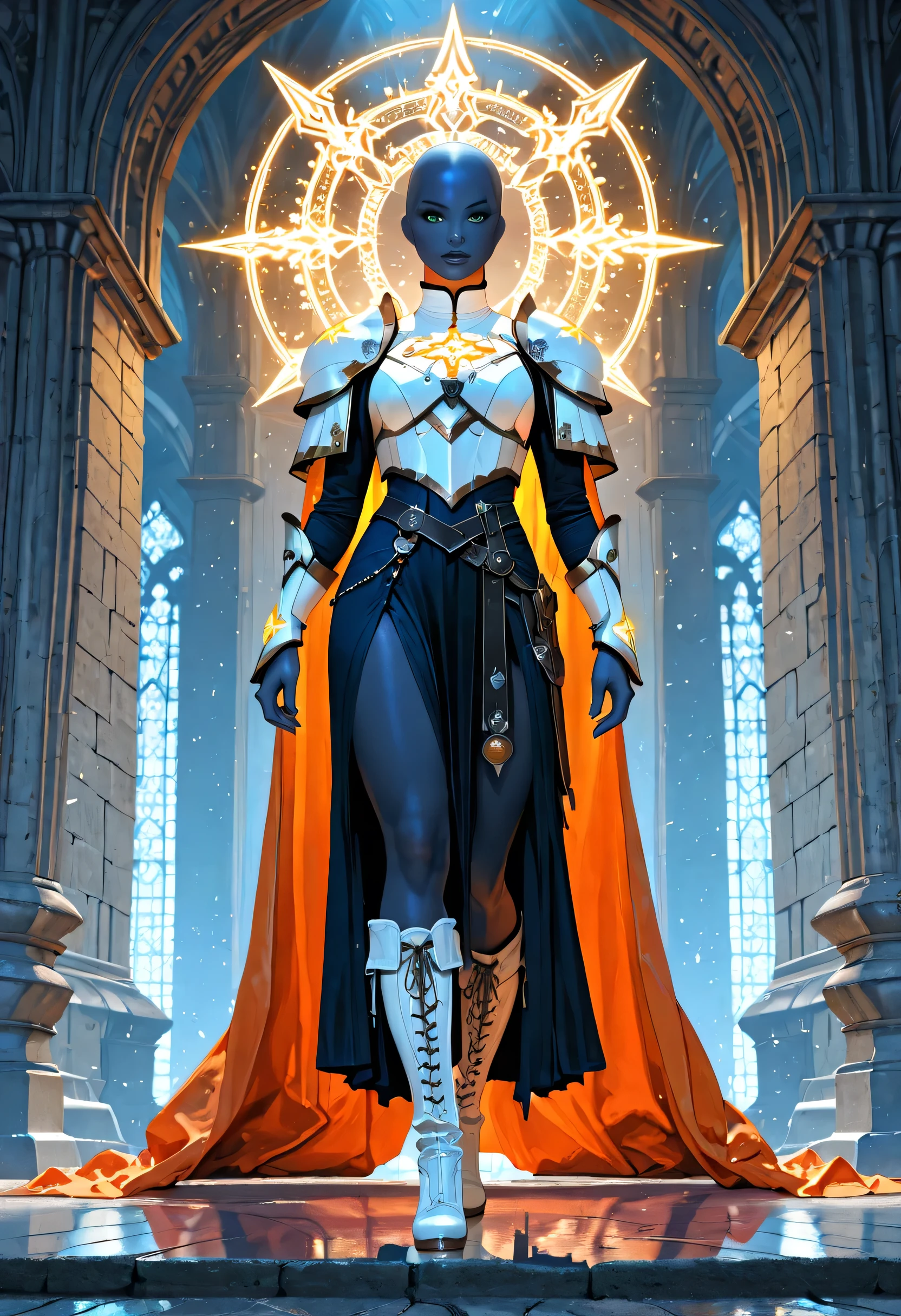 Full body Picture of a vedalken female cleric ((dark blue skin: 1.5)), intense details facial details, exquisite beauty, cleric, (dark blue skin: 1.5)) female, ((bald)), (((no ears: 1.5))), (green eyes: 1.3), armed with a radiant sword, wearing (twilight priestly combat vestments: 1.5), wearing white armor, wearing high heeled laced boots, wearing white armor, wearing an (orange cloak:1.3), wearing glowing holy symbol, fantasy art, dnd art, RPG art, wide shot, (masterpiece: 1.4) intense details, highly detailed, photorealistic, best quality, highres, within fantasy temple background, reflection light, high details, best quality, 16k, [ultra detailed], masterpiece, best quality, (extremely detailed), close up, ultra wide shot, photorealistic, RAW, fantasy art, dnd art, fantasy art, realistic art,((best quality)), ((masterpiece)), (detailed), perfect face, fantasy,  Aesthetic_PDXL