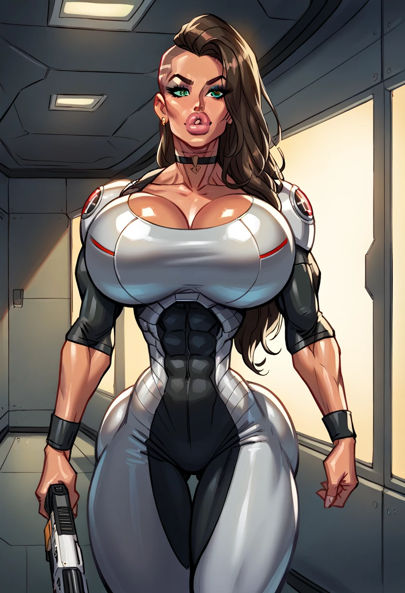 1girl, short busty petite brunette comic book woman, gorgeous face, masterpiece, beautiful, high quality, high definition, superb quality, highly detailed, insane detail, hands on hips, happy, smiling, sexy pose, hand on hip, long hair, huge ponytail, slim, thin, athletic, womanly, rubbery, elastic woman, (modest red spandex with white panels on sides, red and white morph suit, tight top), rubber body, brunette, (((large breasts, big boobs, slim waist, overflowing breasts, too big for her top))), city, soft lighting, natural lighting, natural color, heroic, cheerful, (bold nose, hawkish facial features),