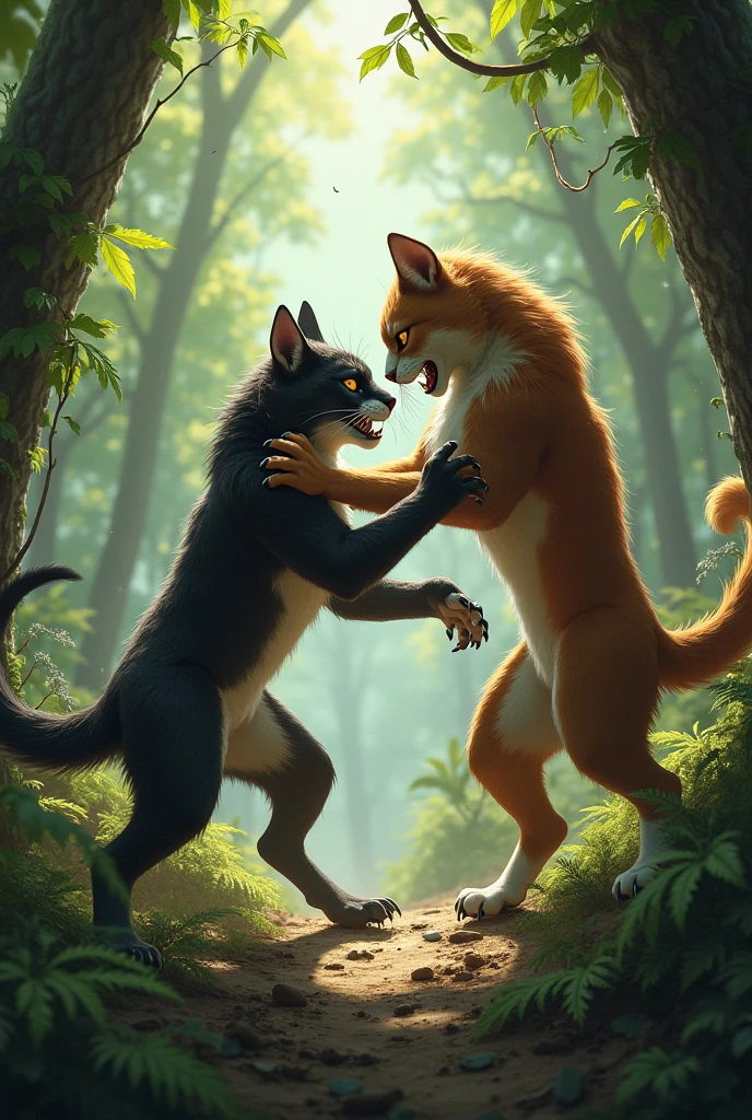 Two cats are fighting with each other and there is a dense forest behind them