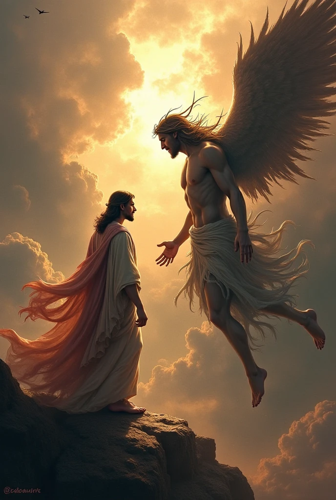 jesus christ killing lucifer in an epic battle and angels in the background