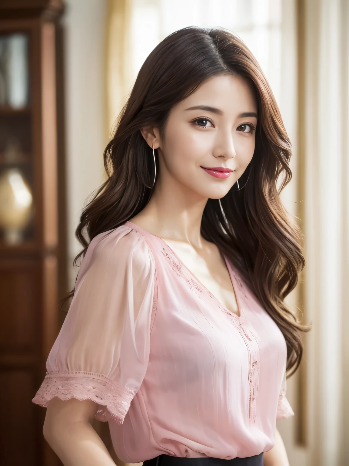 (Raw Photo), (Photorealsitic), (Masterpiece), (Best Quality), High Resolution, 8K, (Intricate Details), (Voluminous Light), Portrait, Female, (50 Years Old), Medium Straight Hair, layered hair, brown hair, very fine eyes, source order, very fine eyebrows, very fine skin, very fine mouth, very fine nose, cute like an idol, happy smile, (thick lips), (looking at the viewer), (Elegant Transparency Magenta Short Sleeve dress), waist shot, (Random body orientation),