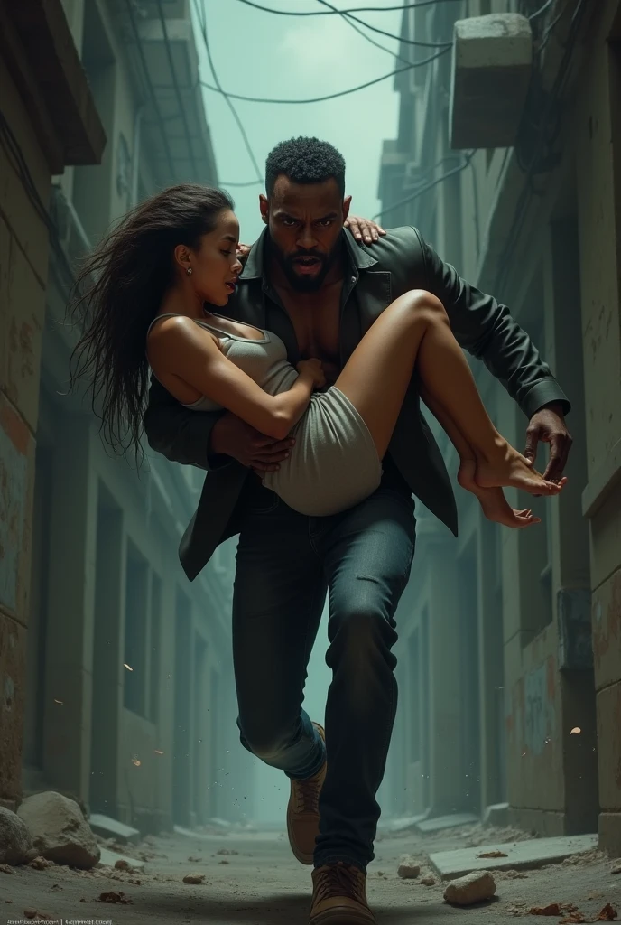 Smiling Nora fatehi in black leather jacket lifting a large chubby man over her head in a empty street, full view