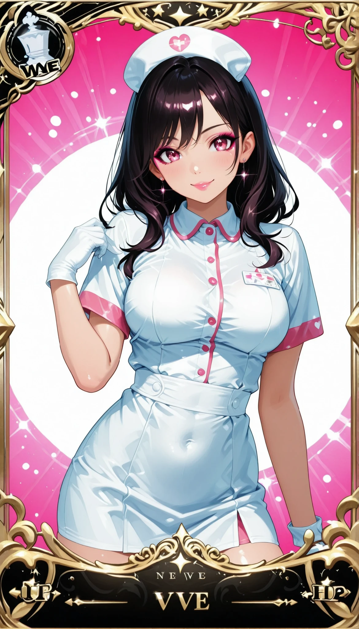 card gameのデザイン、キラキラ✨️、trading cardのデザイン、Beautiful Girlカード、輝きの nurseのカードデザイン, high resolution、4K、Precise、PHOTO REALISTIC、professional、DETAILS、real、HDR、Vivid Color、bokeh、Beautiful Girl、 nurse、characters、Single color background, simple background, card game、trading card、 card frame 、logo:UR、 Sparkling、makeup、Pose、stylish、anime art、digital painting
