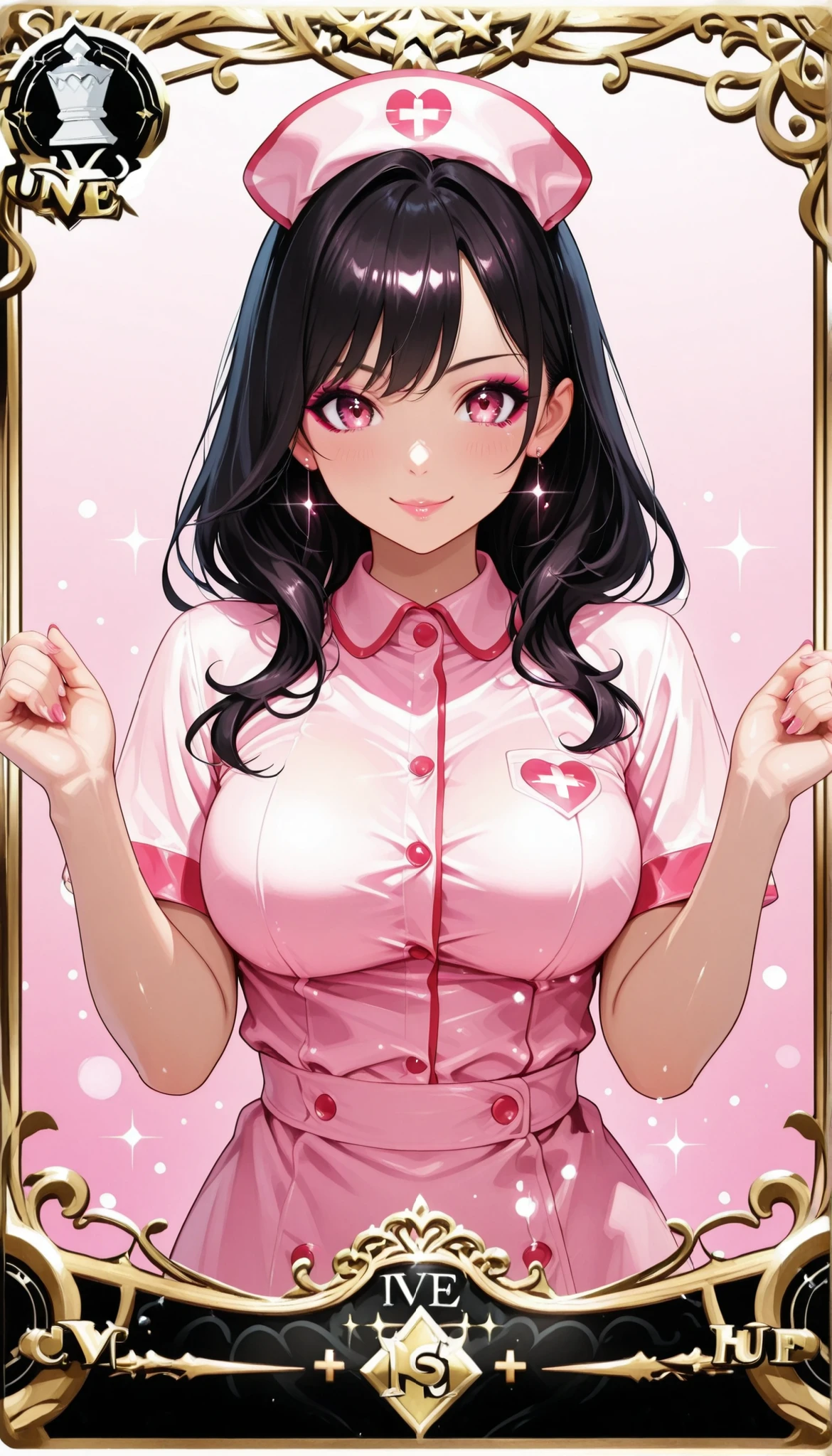 card gameのデザイン、キラキラ✨️、trading cardのデザイン、Beautiful Girlカード、輝きの nurseのカードデザイン, high resolution、4K、Precise、PHOTO REALISTIC、professional、DETAILS、real、HDR、Vivid Color、bokeh、Beautiful Girl、 nurse、characters、Single color background, simple background, card game、trading card、 card frame 、logo:UR、 Sparkling、makeup、Pose、stylish、anime art、digital painting
