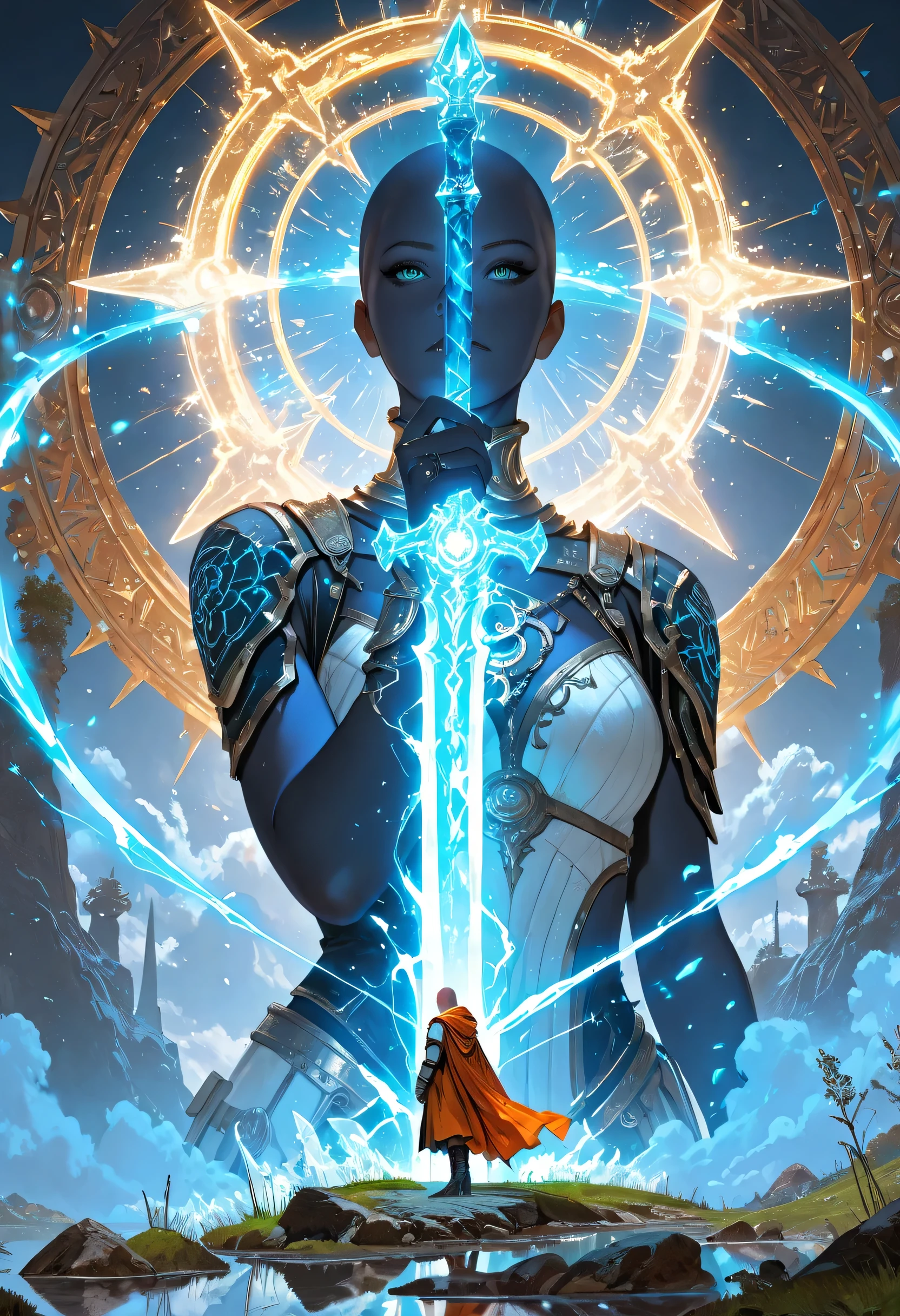 Full body Picture of a vedalken female cleric ((dark blue skin: 1.5)), intense details facial details, exquisite beauty, cleric, (dark blue skin: 1.5)) female, ((bald head)), (((no ears: 1.5))), (green eyes: 1.3), armed with a radiant sword, wearing (twilight priestly combat vestments: 1.5), wearing white armor, wearing high heeled laced boots, wearing white armor, wearing an (orange cloak:1.3), wearing glowing holy symbol, fantasy art, dnd art, RPG art, wide shot, (masterpiece: 1.4) intense details, highly detailed, photorealistic, best quality, highres, within fantasy temple background, reflection light, high details, best quality, 16k, [ultra detailed], masterpiece, best quality, (extremely detailed), close up, ultra wide shot, photorealistic, RAW, fantasy art, dnd art, fantasy art, realistic art,((best quality)), ((masterpiece)), (detailed), perfect face, fantasy,  Aesthetic_PDXL, glowing,ember