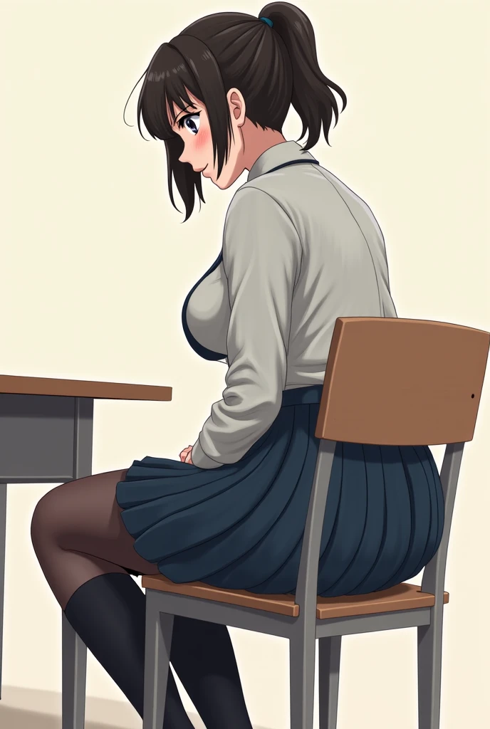 (Realistic :1.4), (Masterpiece, side light, Beautiful eyes with Fine Detail :1.2), Masterpiece * Portrait, glowing eyes, shiny hair, solo, fair and glossy skin, female teacher, teacher uniform, 23 years old, 1.72m tall, F-cup huge breasts, Fleshy body, plump hips, thick legs, huge ass