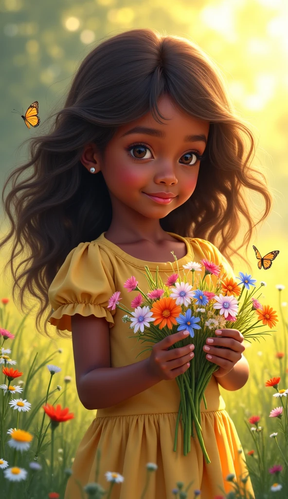 Please draw this picture for my story book. There was a girl who name was lily. (Lily (the 2 should african girl with dark skin and curly curly short hair, wearing white t.shirt and a pink skirt. She is in a garden with lots of little lily flower and butterflies. And for the second picture please draw her touching one of lily flower