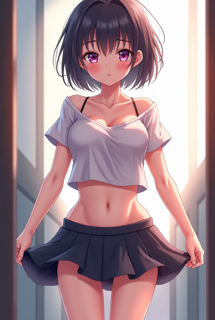 1girll, 独奏, White polo shirt, White sneakers, tennis wear, white mini-skirt,Erotic lingerie, tmasterpiece, Best quality at best, realisticlying, ultra - detailed, (shiny skins, perspired:1.4), absurderes, looking at viewert, with short black hair, with brown eye,slenderness,Dynamic light and shadow,A high resolution,Sharp focus,depth of fields,The eyes are delicate,Sharp pupils,pupil realistic,(smallunderboob:1.6),(Thigh thick:1.0),inside in room,huge bed