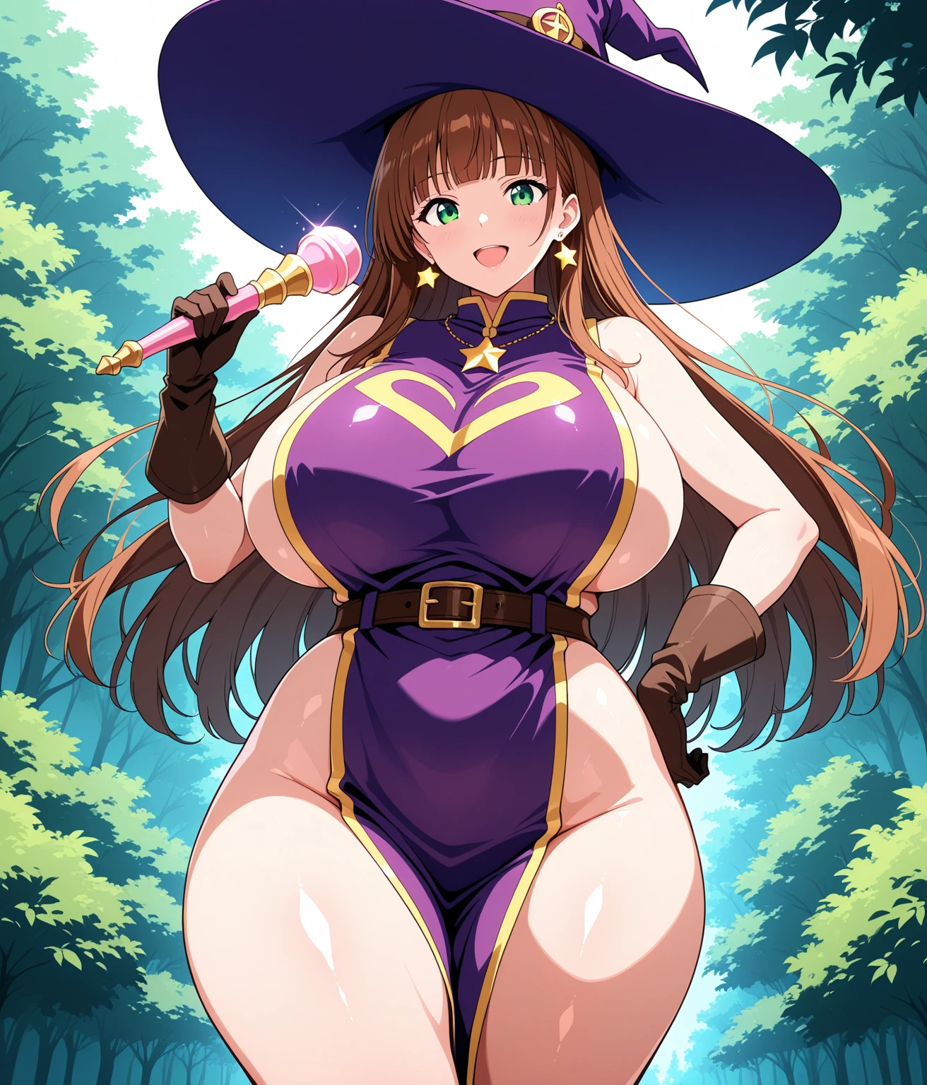 (Masterpiece, best quality, beautiful eyes, highly detailed, high res, anime), 1 girl, fox ears, fox tail, dark brown hair, green eyes, massive breasts, massive cleavage, witch, witch hat, witch dress, magic school uniform, sexy, mature woman, smugly smiling, smug, full body,