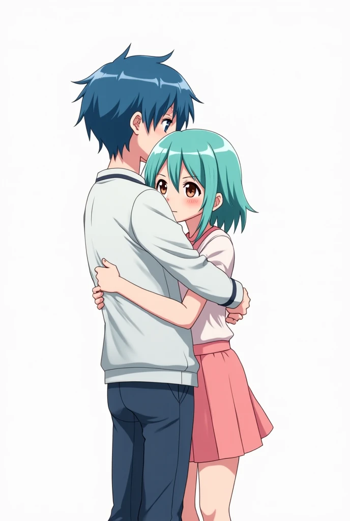 Man hugging beautiful girl with closed eyes and smiling, arte estilo Dragon Ball, corpo perfeito, panties, sorriso 