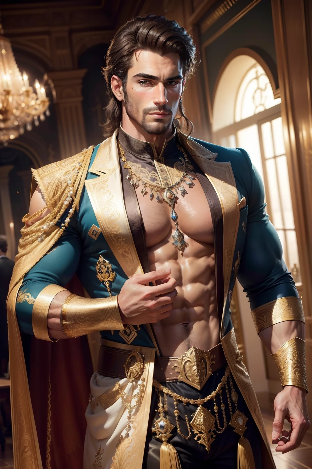 a handsome muscular man with gold eye makeup, in the style of fatima ronquillo, indigo and emerald, cultural fusion, karol bak, light brown and teal, carnivalcore, photo-realistic technique