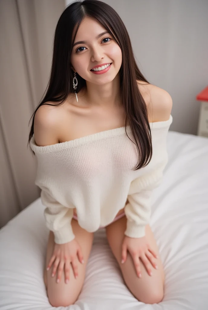 masterpiece, photorealistic masterpiece, Professional photography, High resolution, Attractive pose, Amazing full color, Ultra-detailed clarity, Dark Room, Dark Night, Detail of backlight from window, Calm colors, 35mm masterpiece, smile, Big Breasts,  White shirt, ((Audience: 1.1)), ((Long Flared Skirt)), (Spread your legs), (((Lift your skirt yourself)), ((Show me your pants))), Lifting clothes, Panty shot, (fine lace panties,) Squat,On the bed