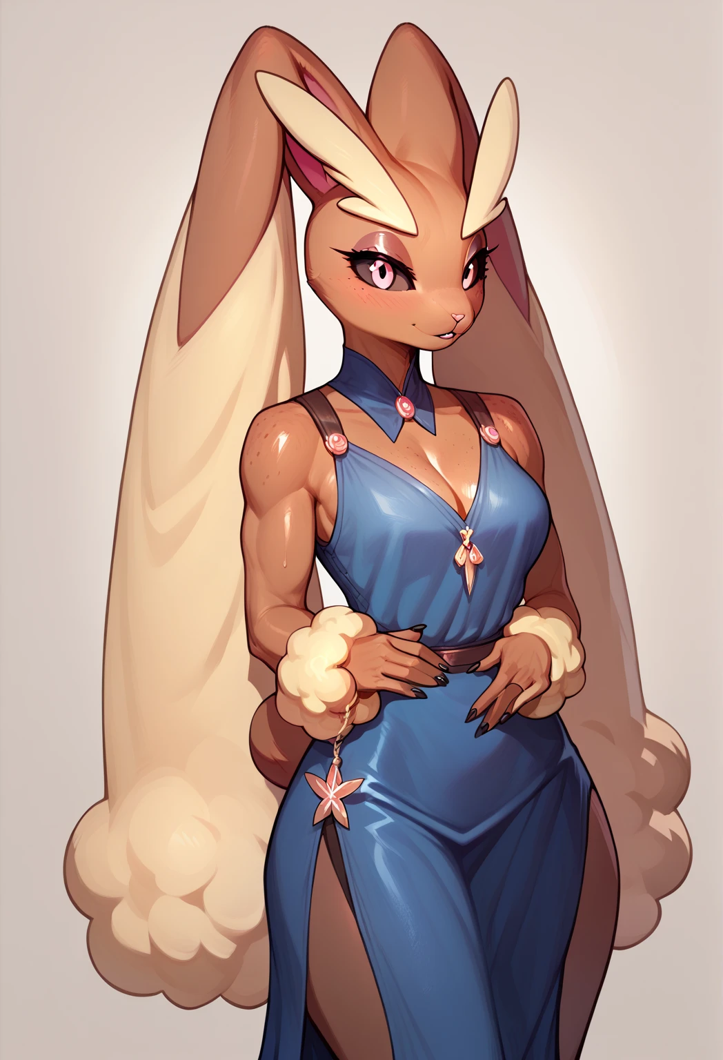 By chelodoy, by zaush, by bebebebebe, by spuydjeks, by meesh, by bigcozyorca, solo, standing, female, lopunny, black sclera, pink iris, smile, blushing, butt visible from the front, wide hips, thick thighs, round butt, pear shape body, plump figure, (((black one-piece swimsuit))).