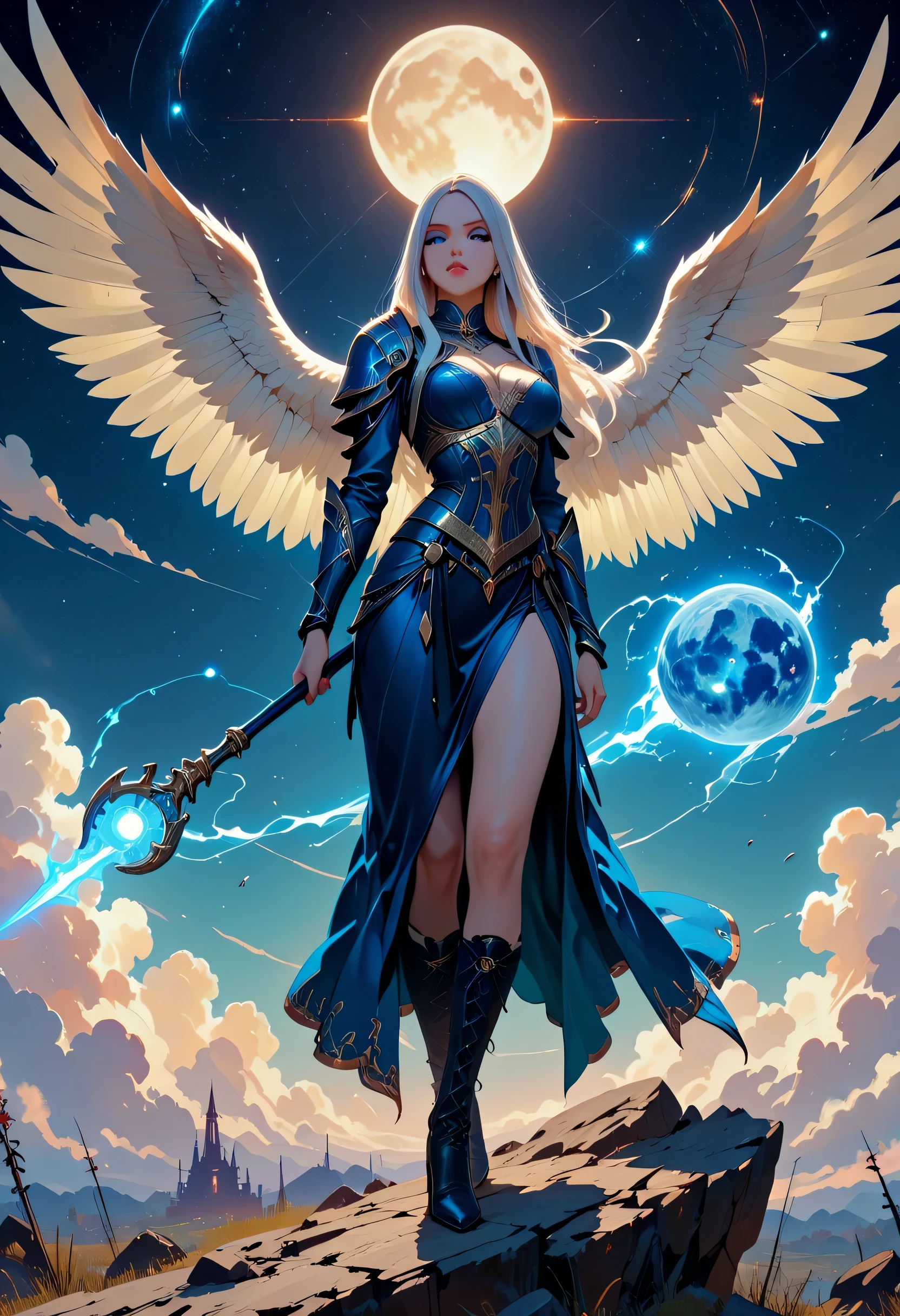 female, sorceress, casting divine spell, full body, aasimar, female, white large feathered wings, gold and silver hair, blue eyes, determined face, divine light, intense eyes, ultra feminine, ultra detailed face, (Masterpieceת intense details:1.5), wearing blue armor, high heeled boots, armed with staff, moon, stars, clouds, fantasy magical heaven background, cinematic lighting, soft light, silhouette, photorealism, 16k, highres, best quality, 2.5D rendering, fantasy, lace up stilettos, LOAsuccXL, intricate details, glowing,ember