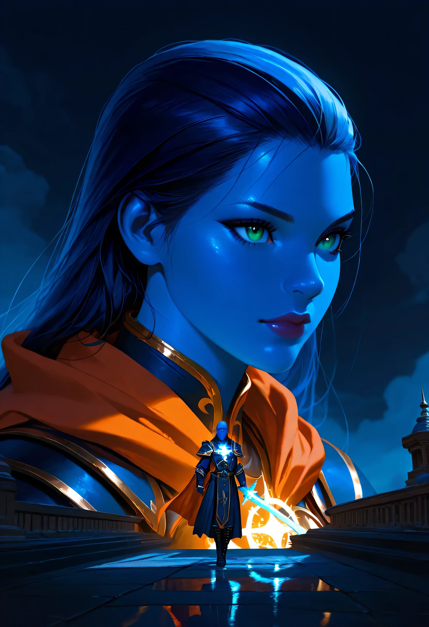 Picture of a vedalken female cleric ((dark blue skin: 1.5)), intense details facial details, exquisite beauty, cleric, (dark blue skin: 1.5)) female, ((bald)), (((no ears: 1.5))), (green eyes: 1.3), armed with a radiant sword, wearing (twilight priestly combat vestments: 1.5), wearing white armor, wearing high heeled laced boots, wearing white armor, wearing an (orange cloak:1.3), wearing glowing holy symbol, fantasy art, dnd art, RPG art, wide shot, (masterpiece: 1.4) intense details, highly detailed, photorealistic, best quality, highres, within fantasy temple background, reflection light, high details, best quality, 16k, [ultra detailed], masterpiece, best quality, (extremely detailed), close up, ultra wide shot, photorealistic, RAW, fantasy art, dnd art, fantasy art, realistic art,((best quality)), ((masterpiece)), (detailed), perfect face, fantasy,  Aesthetic_PDXL, fantasy